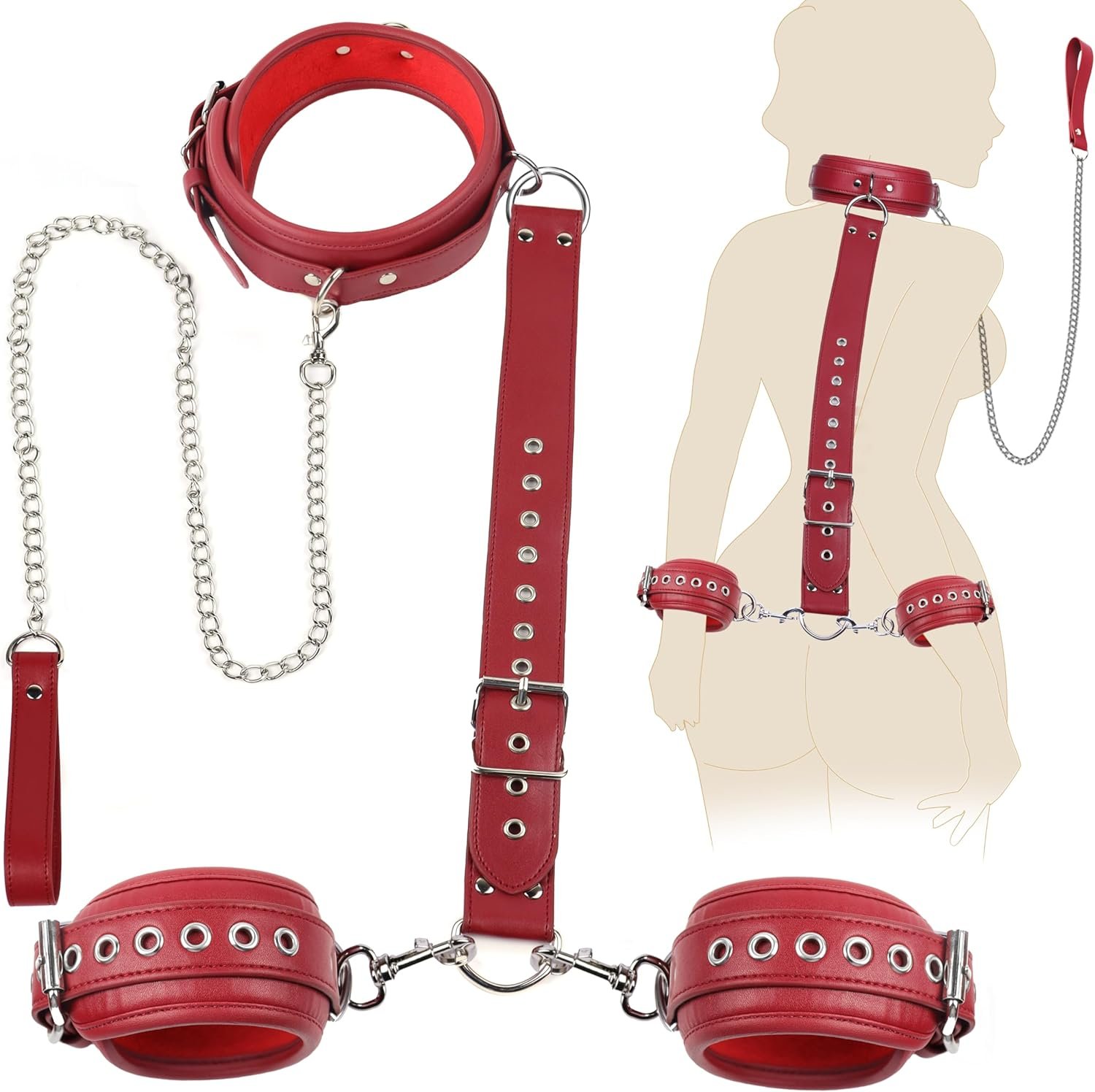 REYHKINO BDSM Bondage Restraints Set Sex Toys, Neck to Wrist Restraints Kit | Traction Chain, Back Sex Handcuffs Collar, Adjustable Bondage Gear & Accessories SM Sexy Slave Beginner Role Play Toy - Image 6