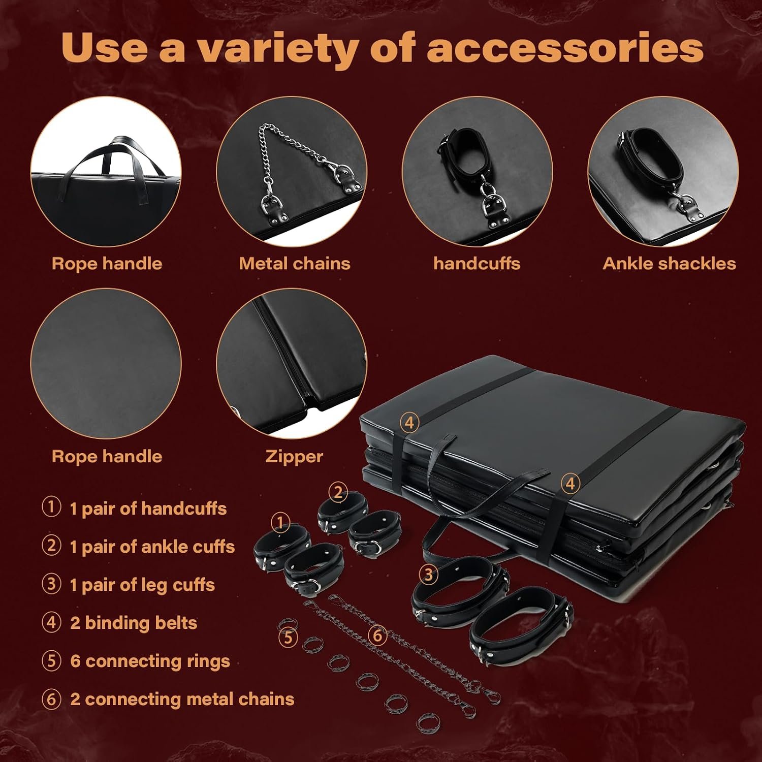 Sex Bondage Bed Sex Furniture BDSM Sex Restraints Kits, Sex Toys for Couple | PU Leather Fetish Restraints System, Portable Collapsible Bondage Gear with Handcuffs Ankle Cuffs - Image 6