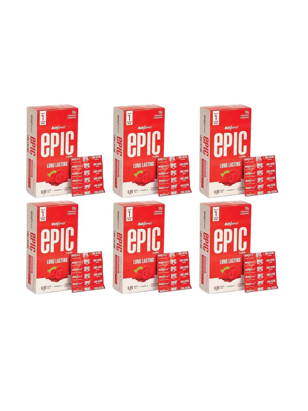Set Of 6 Epic Pleasure Long Lasting Condoms- 10 Condoms Each- Raspberry