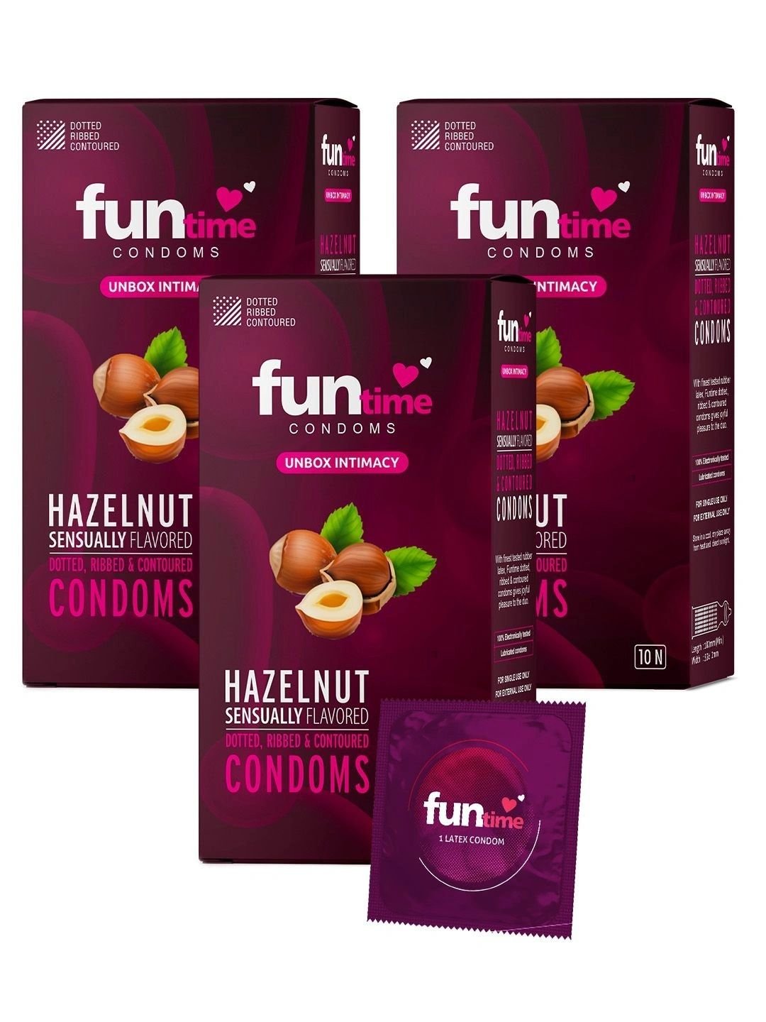 Funtime Funtime Pack Of 3 Hazelnut Flavor Long Lasting Dotted & Ribbed Condoms - 30 Pcs