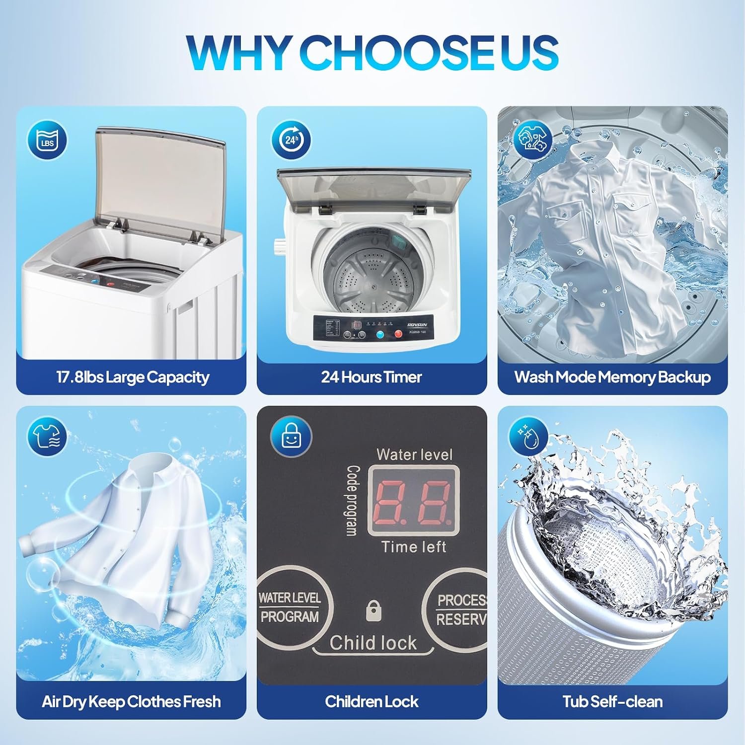ROVSUN 17.8LBS Portable Washing Machine, Full-Automatic Electric Laundry Machine with Stainless Steel Drum, Compact Washer and Spin Dryer Combo with Drain Pump for Apartment, Dorm, Home - Image 5