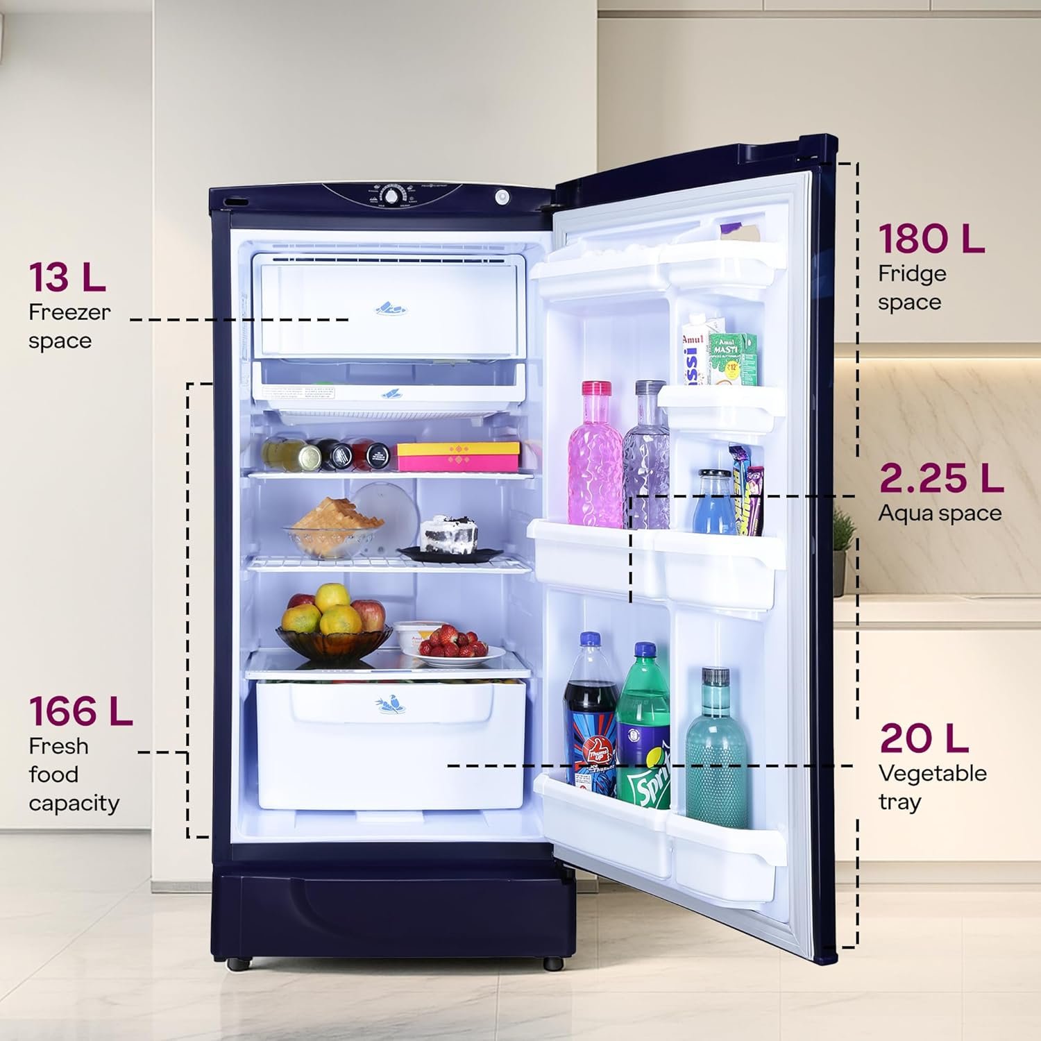 Godrej 180L 1Star 5 Years Comprehensive Warranty | New Launch | Advanced Capillary Technology| Jumbo Vegetable Tray| 2.25L Bottle Space Single Door Refrigerator (RD EDGE 205AN WRF PP BL, Pep Blue) - Image 5