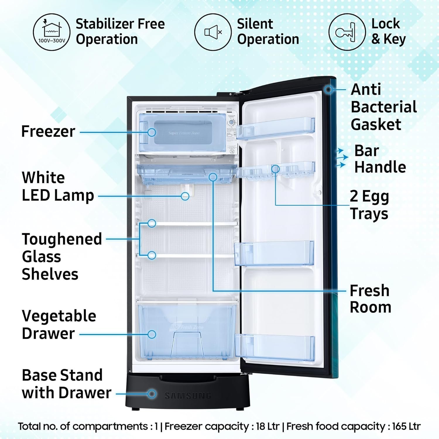 Samsung 183 L, 4 Star, Digital Inverter, Direct-Cool Single Door Refrigerator (RR20H28249U/NL, Paradise Bloom Blue, Base Stand Drawer, Single Touch Defrost, 2026 Model) - Image 5