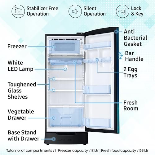 Samsung 183 L, 4 Star, Digital Inverter, Direct-Cool Single Door Refrigerator (RR20H28249U/NL, Paradise Bloom Blue, Base Stand Drawer, Single Touch Defrost, 2026 Model) - Image 14