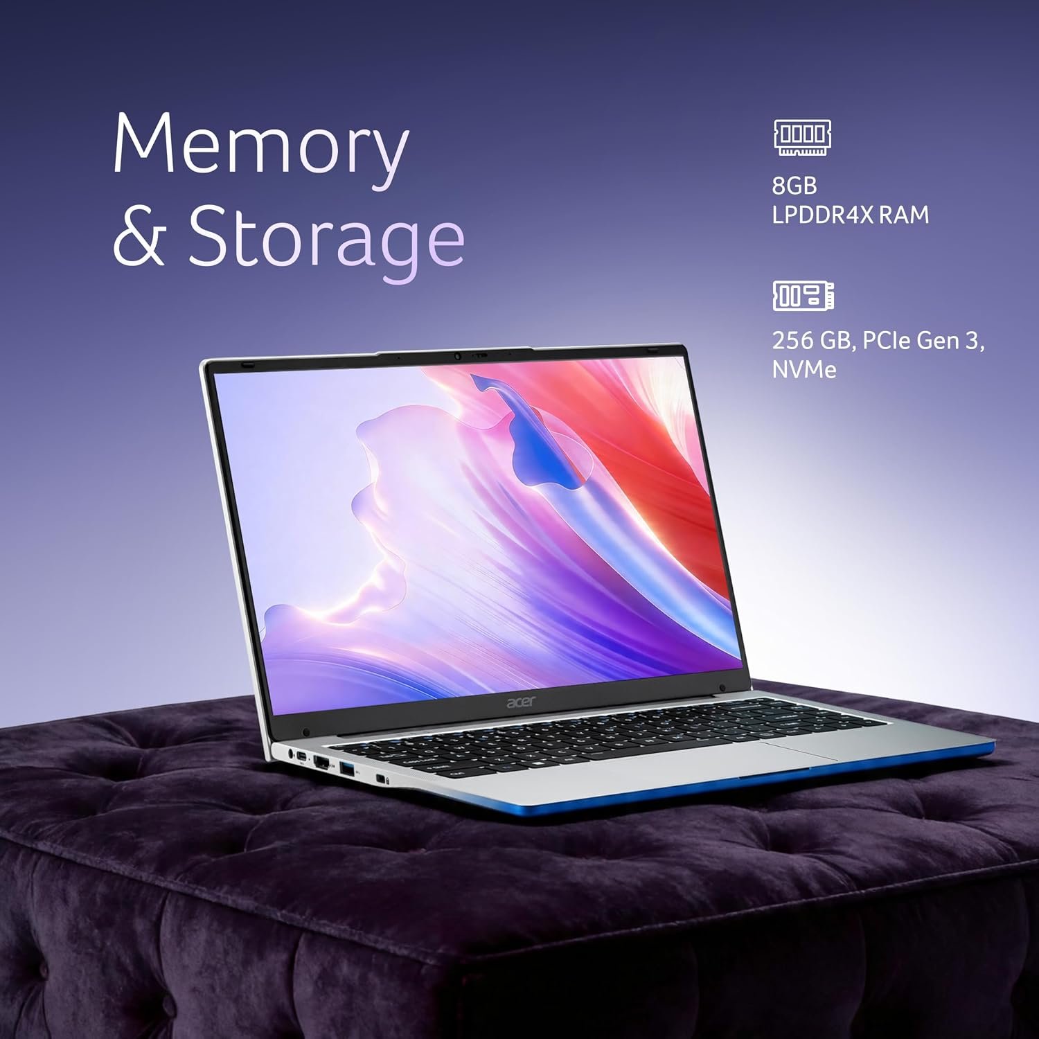 Acer Aspire One, Intel Core Celeron N4500, 8GB LPDDR4 RAM/ 256GB SSD, 14.0"/35.56cm WXGA Display, Intel UHD Graphics, Win 11 Home, Pure Silver, 1.3 Kg, A114-45, Thin and Light Laptop
