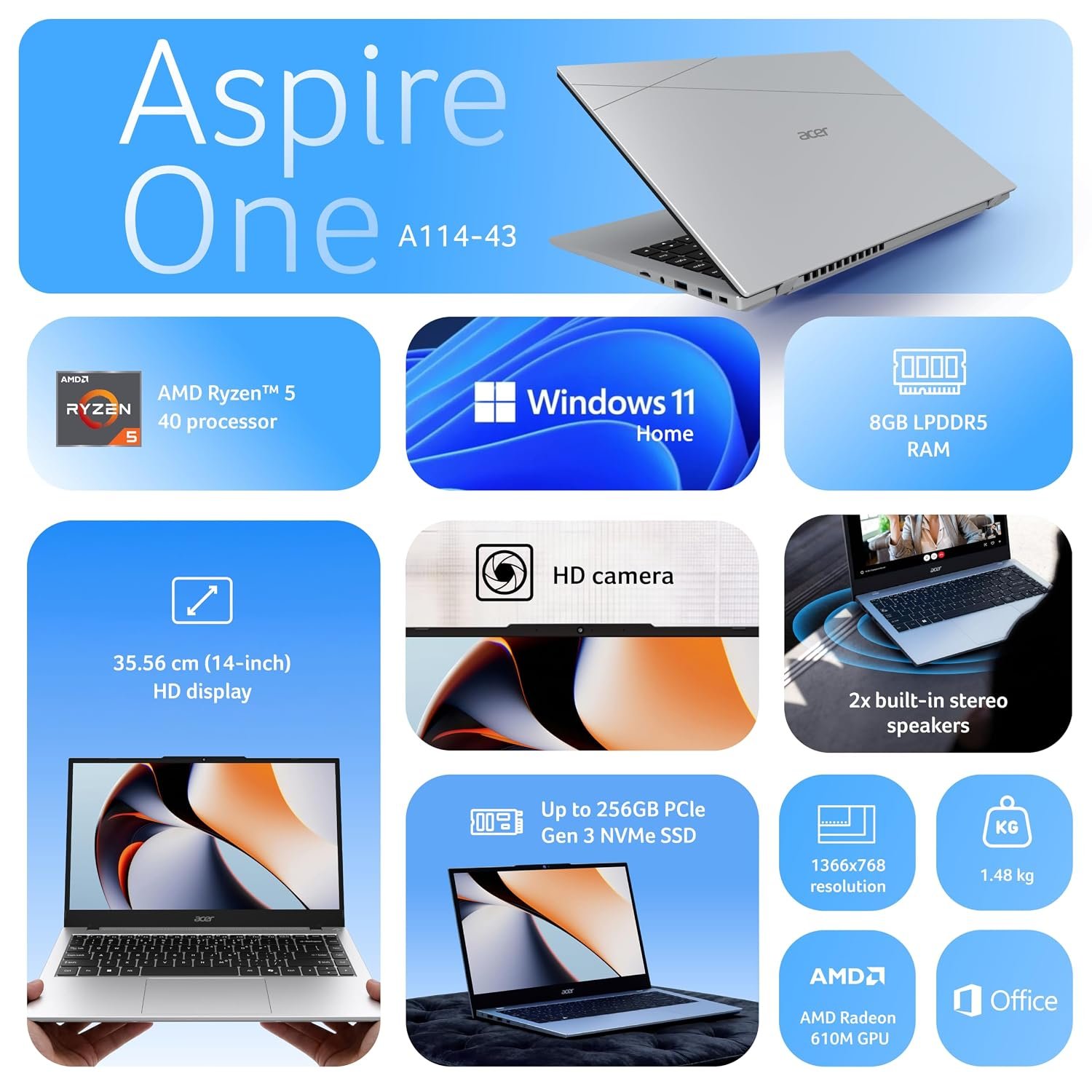 Acer Smartchoice Aspire One, AMD Ryzen 5-40, 8GB LPDDR5 RAM/ 512GB SSD, 14.0"/35.56cm WXGA Display, Win 11 Home, Pure Silver, 1.48KG, A114-43, Thin and Light Laptop - Image 3