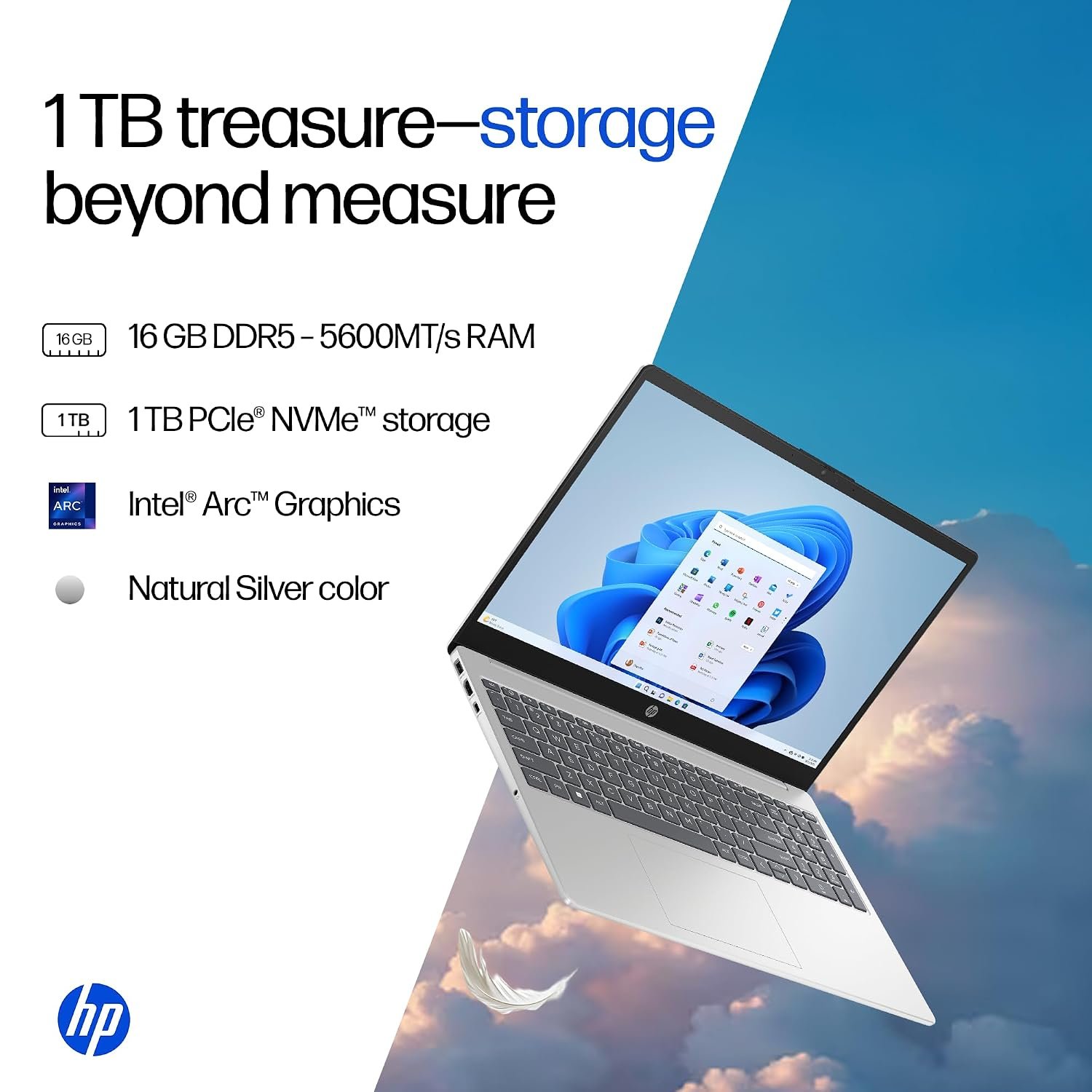 HP 15, Intel Core Ultra 5 125H (16GB DDR5, 1TB SSD) FHD, IPS, 15.6''/39.6cm, Win11, M365 Basic(1yr)*Office24, Silver, 1.65kg, fd1354TU, Intel Arc Graphics, FHD Camera w/Shutter, AI Powered Laptop - Image 6