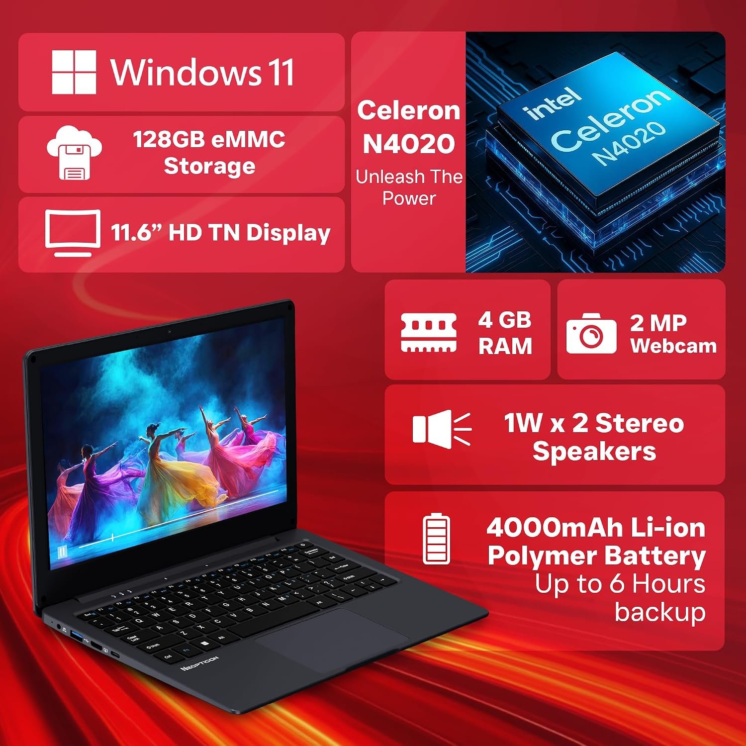 EBook 11.6" HD Laptop | Best Student & Office Work Laptop | Celeron N4020 | 4GB DDR4 | 128GB eMMC + M.2 SSD Expandable Slot | Win 11 Home |31Wh Battery | UHD Graphics 600 | Black - Image 3