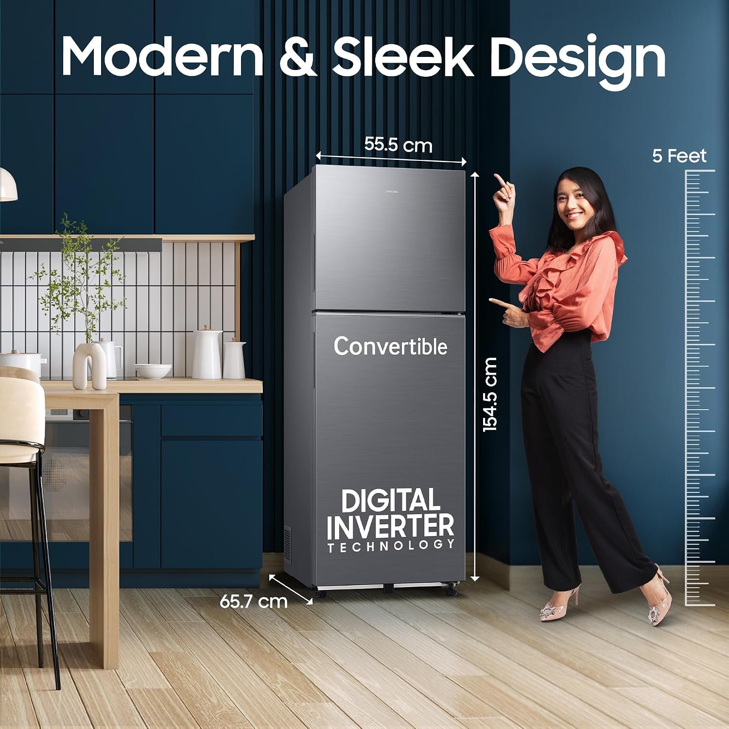 Samsung 236 L, 3 Star, Convertible, Digital Inverter Frost Free Double Door Refrigerator (RT40H28U3THL, Silver, Refined Inox, 2026 Model) - Image 2