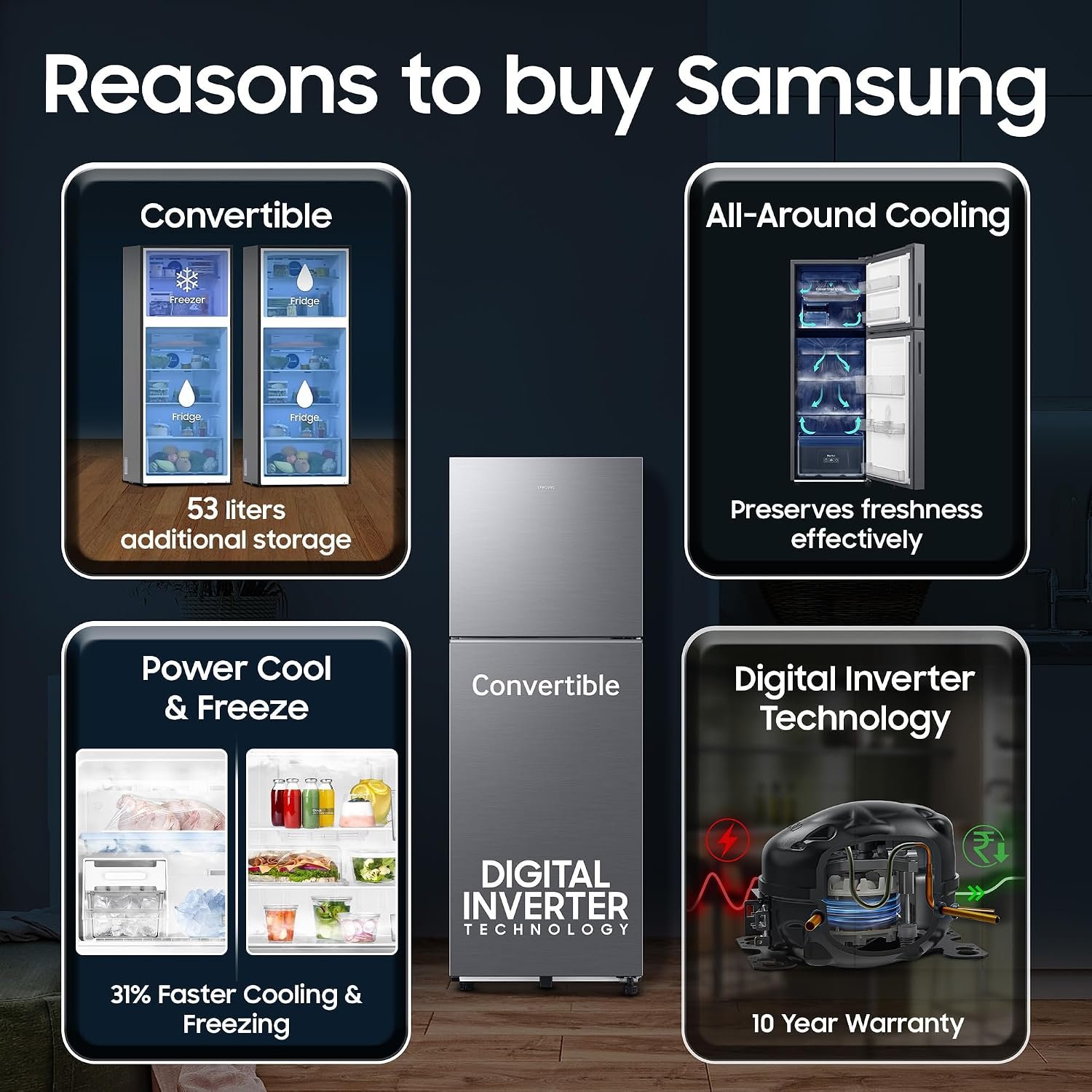 Samsung 236 L, 3 Star, Convertible, Digital Inverter Frost Free Double Door Refrigerator (RT40H28U3THL, Silver, Refined Inox, 2026 Model) - Image 4