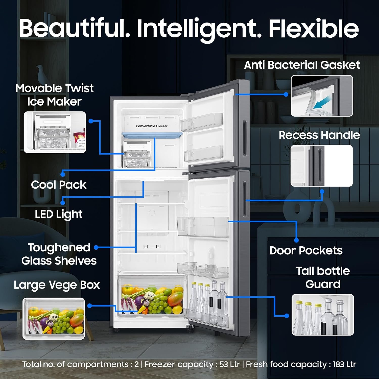 Samsung 236 L, 3 Star, Convertible, Digital Inverter Frost Free Double Door Refrigerator (RT40H28U3THL, Silver, Refined Inox, 2026 Model) - Image 5