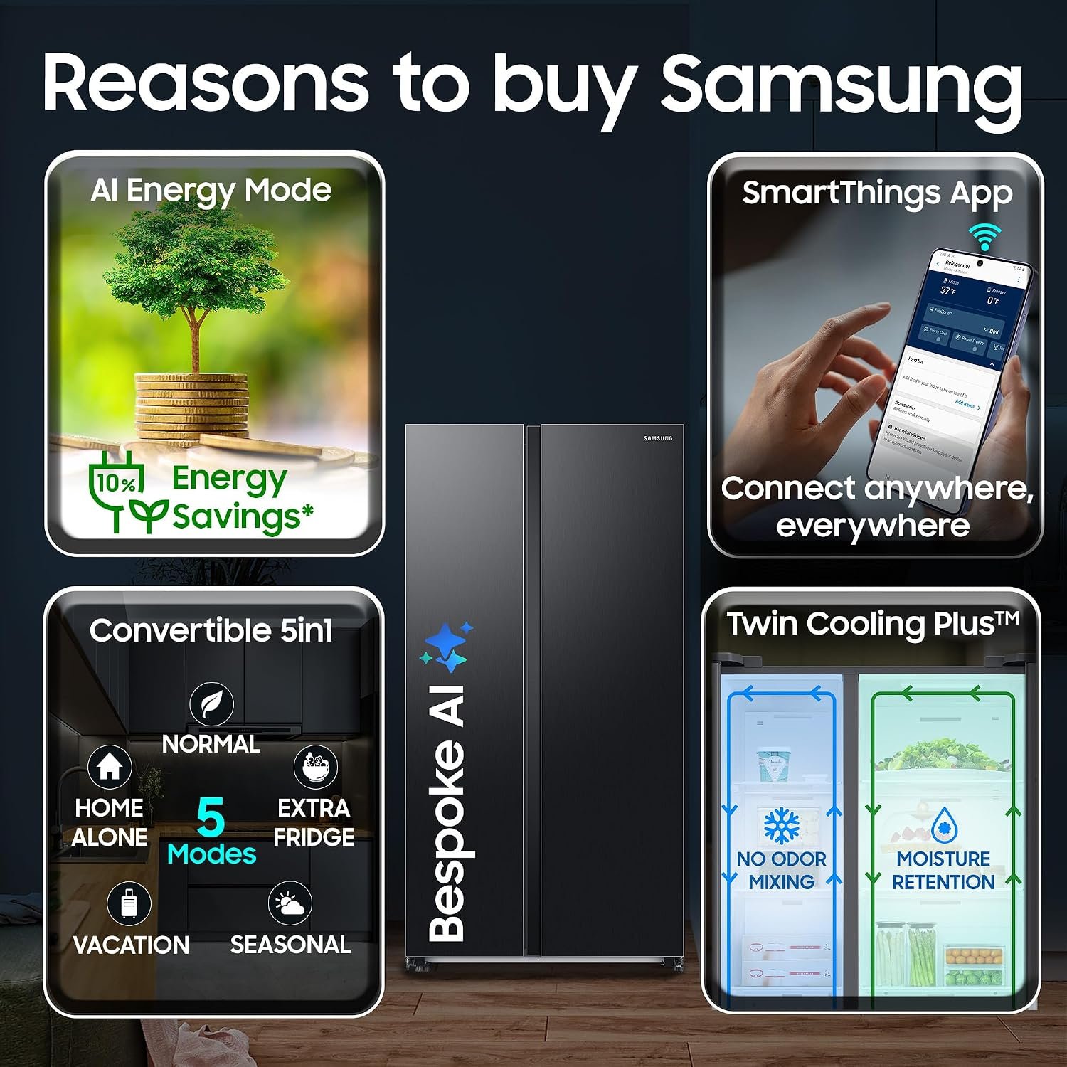 Samsung 653 L, 3 Star, Frost Free, Double Door, Convertible 5-in-1 Digital Inverter, Side By Side AI Enabled Smart Refrigerator with WiFi (RS76CG8003B1HL, Black Matte/Black DOI) - Image 4