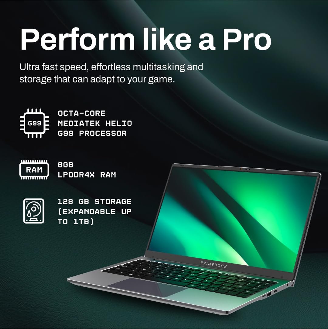 Primebook 2 Pro (2026) | 8GB RAM, 128GB UFS Storage | 14.1-Inch FHD IPS Display | 14 Hours Battery | MediaTek Helio G99 | Android 15 (PrimeOS 3.0) | Backlit Keyboard | in-Built AI (Gray)