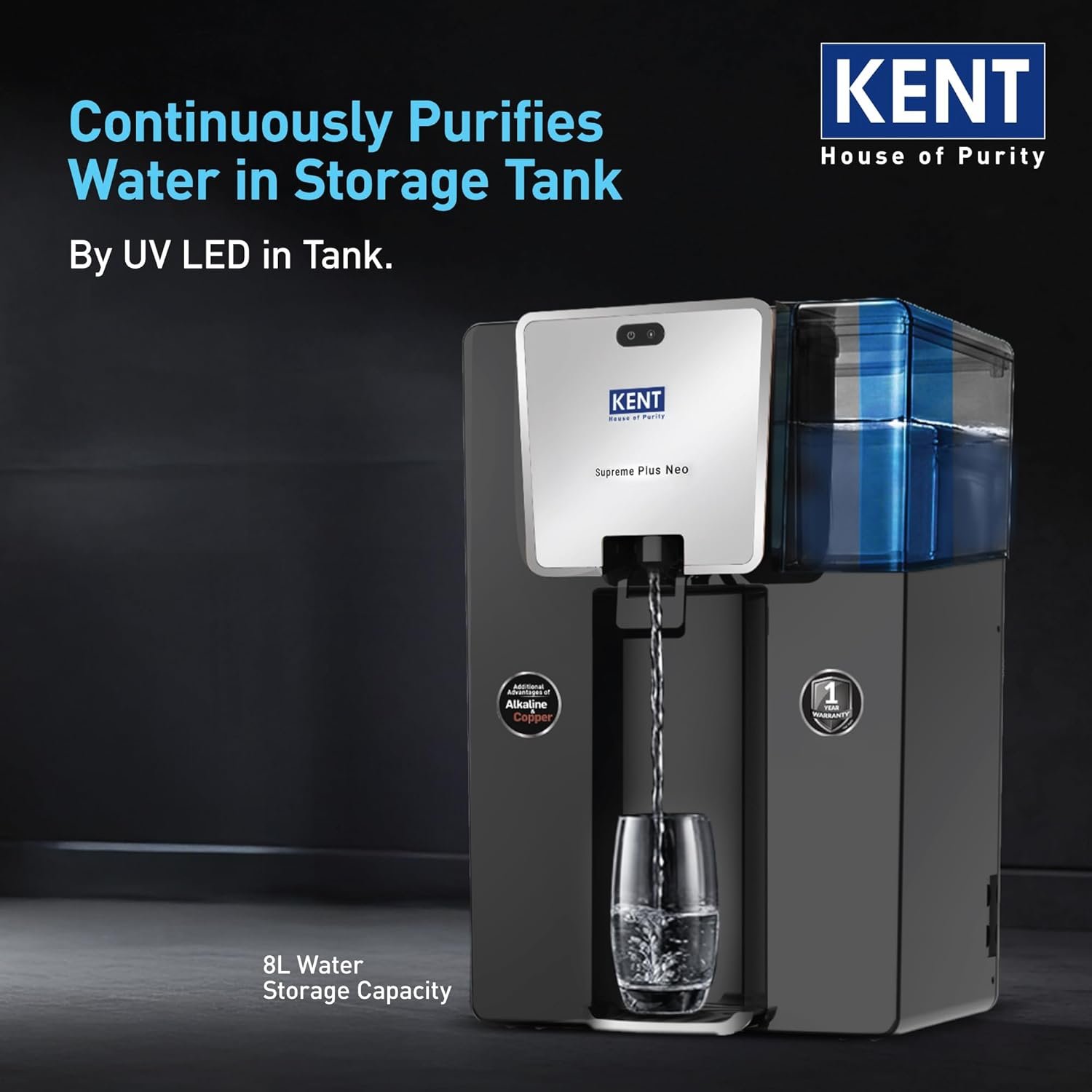 KENT Supreme Plus Neo RO Water Purifier | RO+UF+UV+Alk+Cu+TDS Control+UV In-Tank | Alkaline Water with goodness of Copper | 8L | 20L/Hr | Ideal For Borewell/Tanker/Municipal Water - Image 4