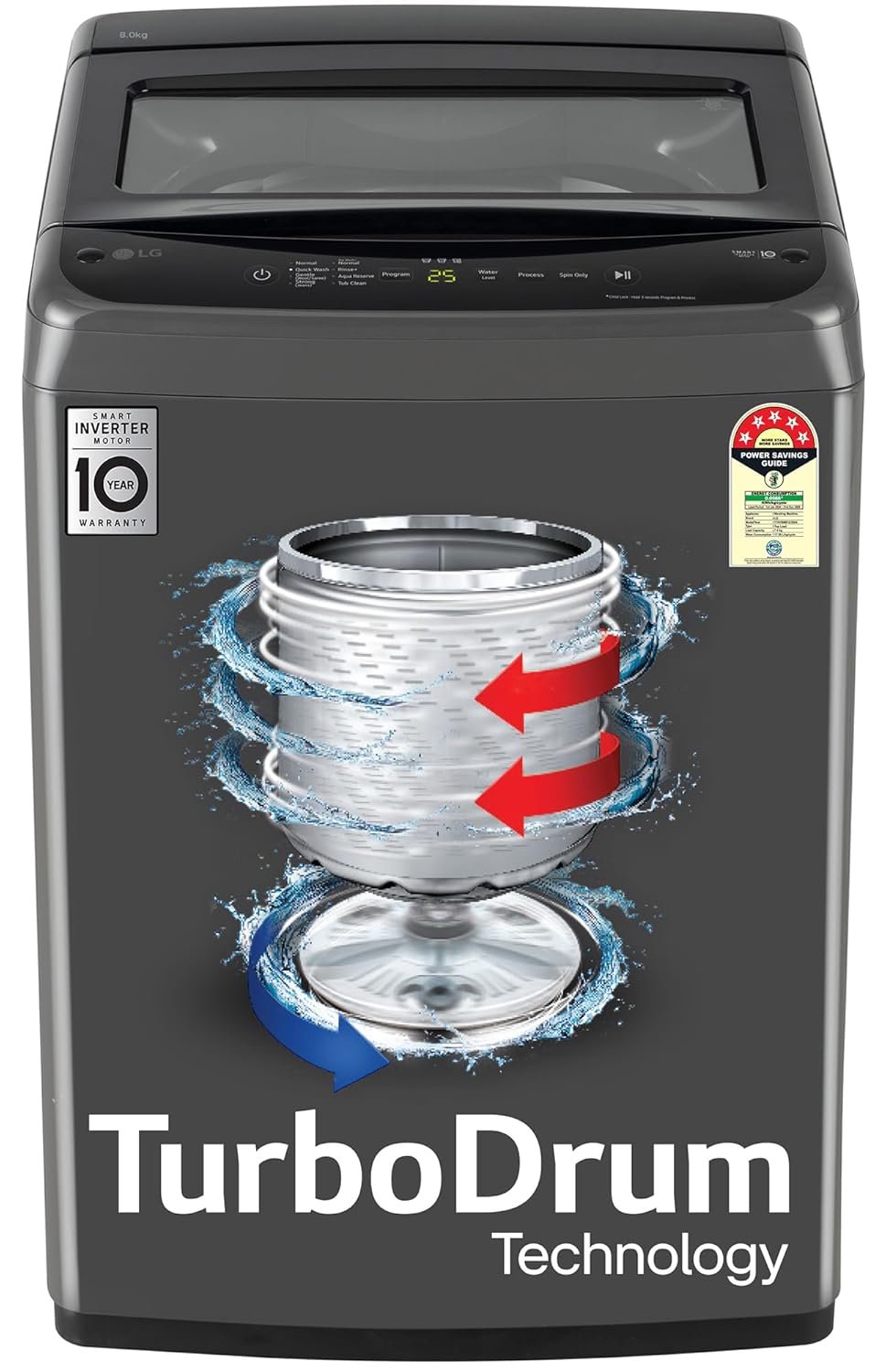 LG 8 Kg 5 Star Smart Inverter Technology Fully Automatic Top Load Washing Machine (T80VBMB4Z, Turbodrum, Auto Prewash, Stainless Steel drum, LED Display, Smart Diagnosis, Middle Black) - Image 3