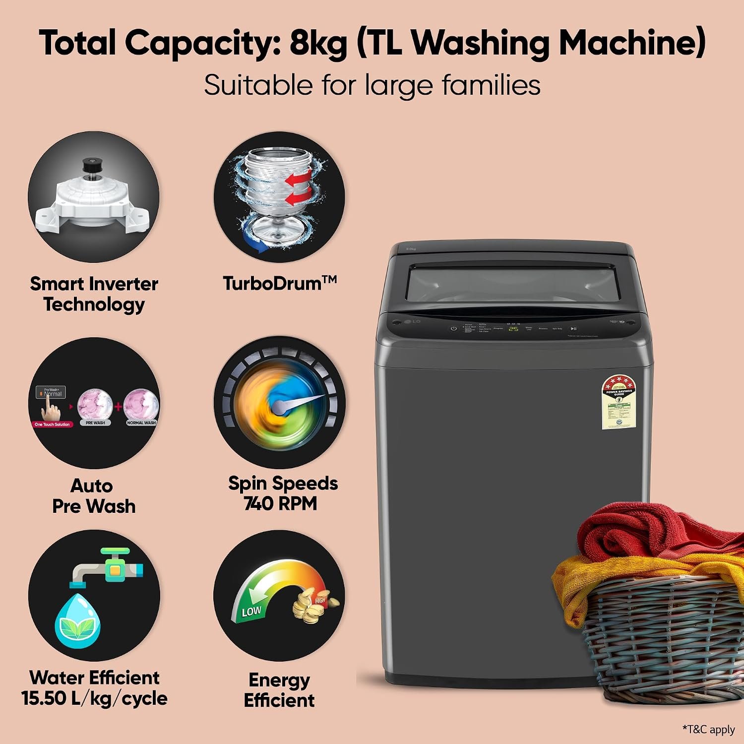 LG 8 Kg 5 Star Smart Inverter Technology Fully Automatic Top Load Washing Machine (T80VBMB4Z, Turbodrum, Auto Prewash, Stainless Steel drum, LED Display, Smart Diagnosis, Middle Black) - Image 4