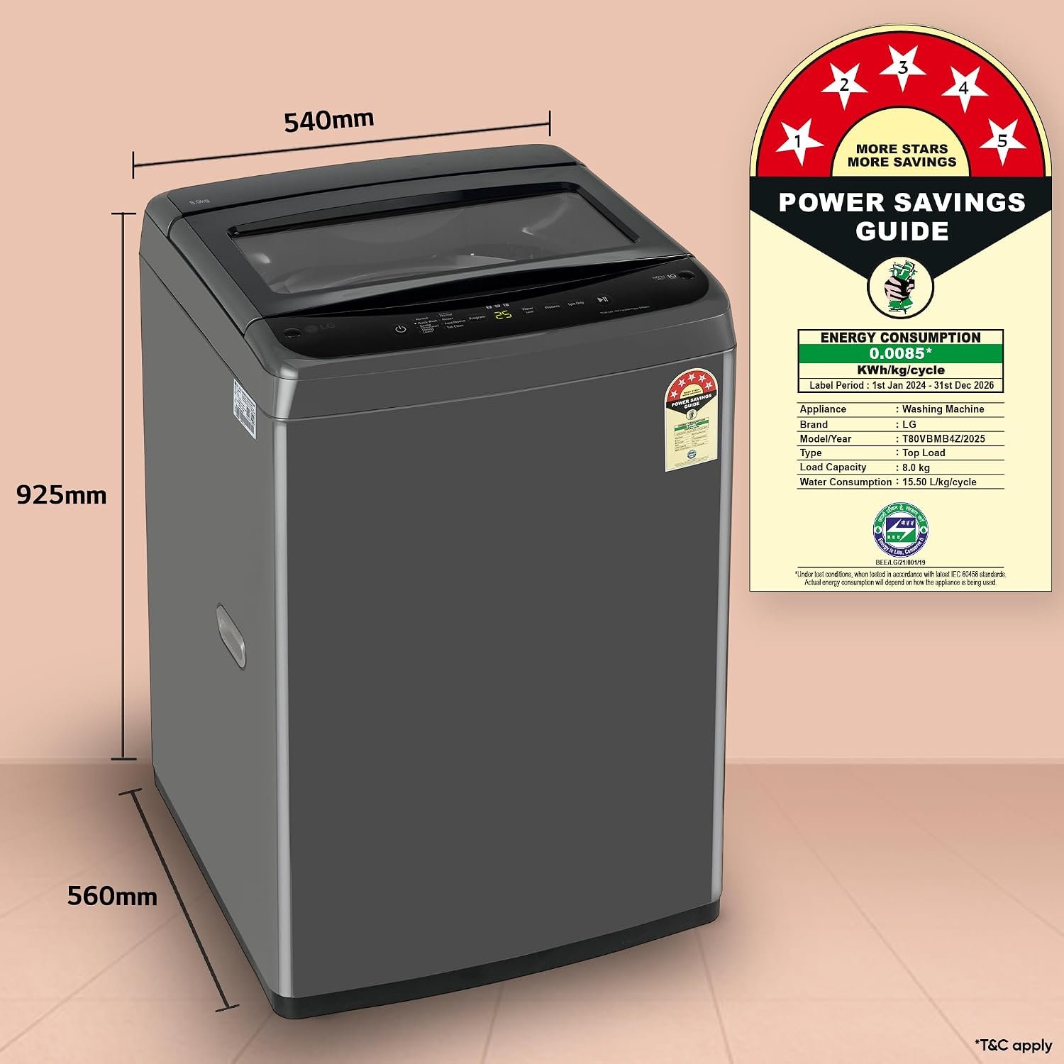 LG 8 Kg 5 Star Smart Inverter Technology Fully Automatic Top Load Washing Machine (T80VBMB4Z, Turbodrum, Auto Prewash, Stainless Steel drum, LED Display, Smart Diagnosis, Middle Black) - Image 2
