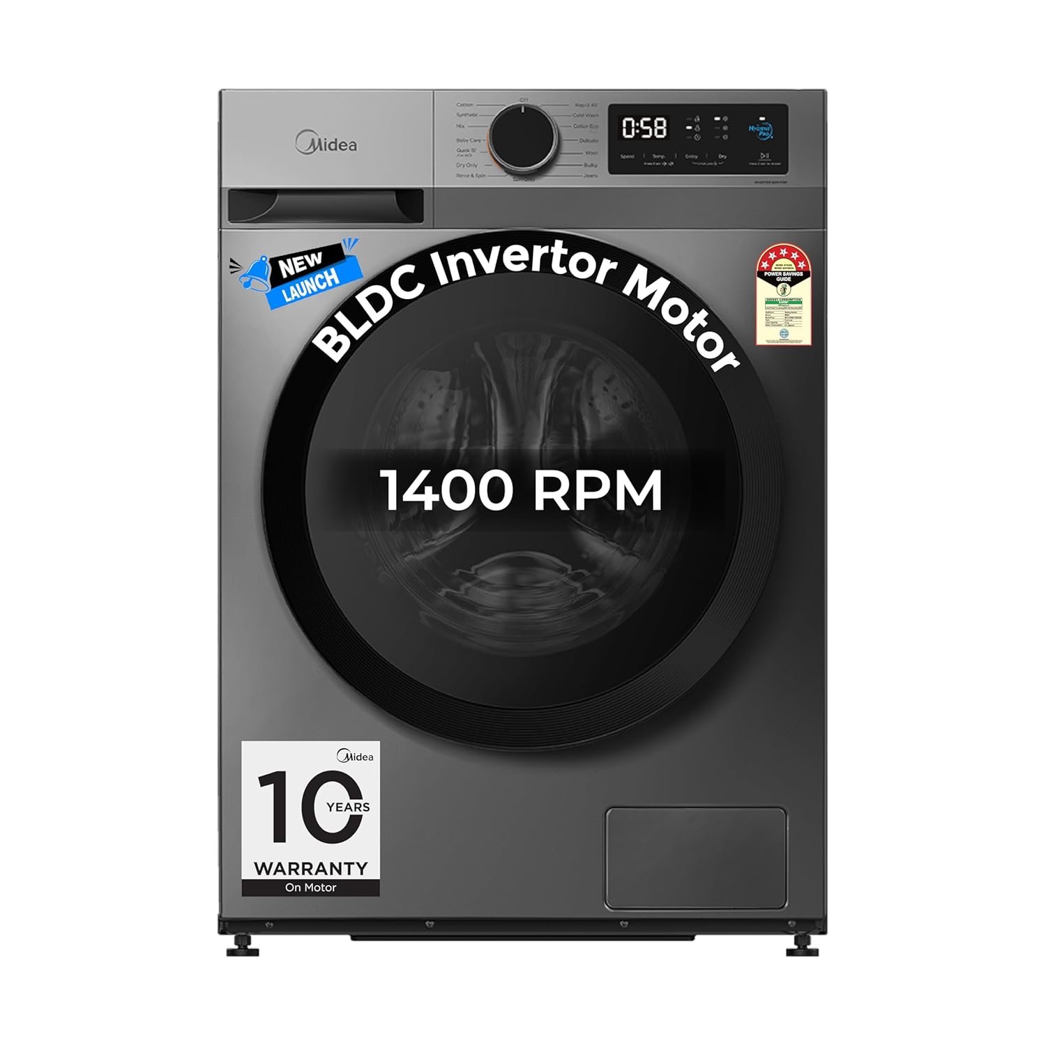 Midea 8 Kg 5 Star Fully Automatic Front Load Washing Machine with Inverter Motor, Self Clean Drum Technology, 15 Wash Programs (MFG17W80B/T-IND, Titanium Grey)