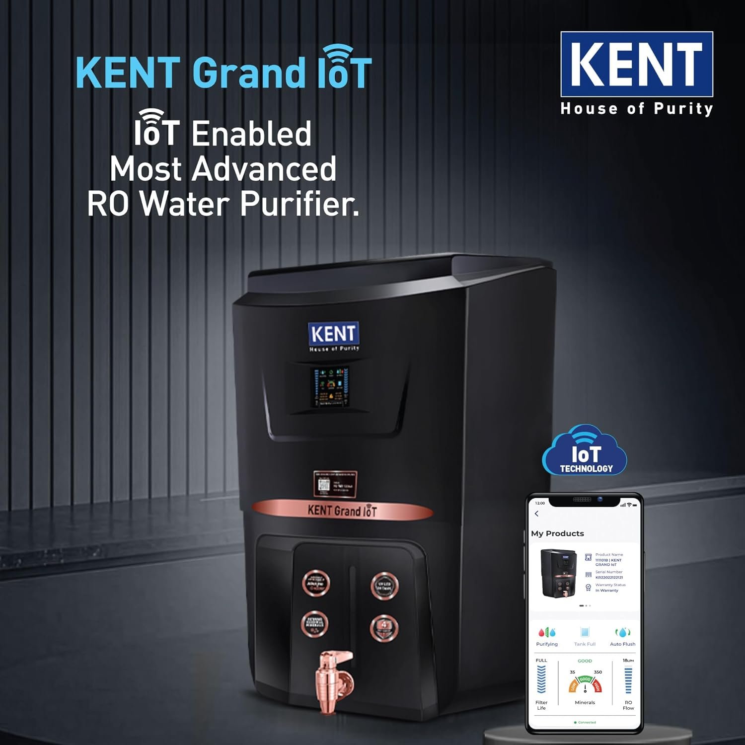 KENT Grand IoT RO Water Purifier| 4 Years Free Service*| RO+UV+UF+Alk+Cu+TDS Control+UV in Tank | IoT Enabled | Fully Automatic On&OFF Operation |8L|20 LP/Hr|Ideal For Borewell/Tanker/Municipal Water - Image 2