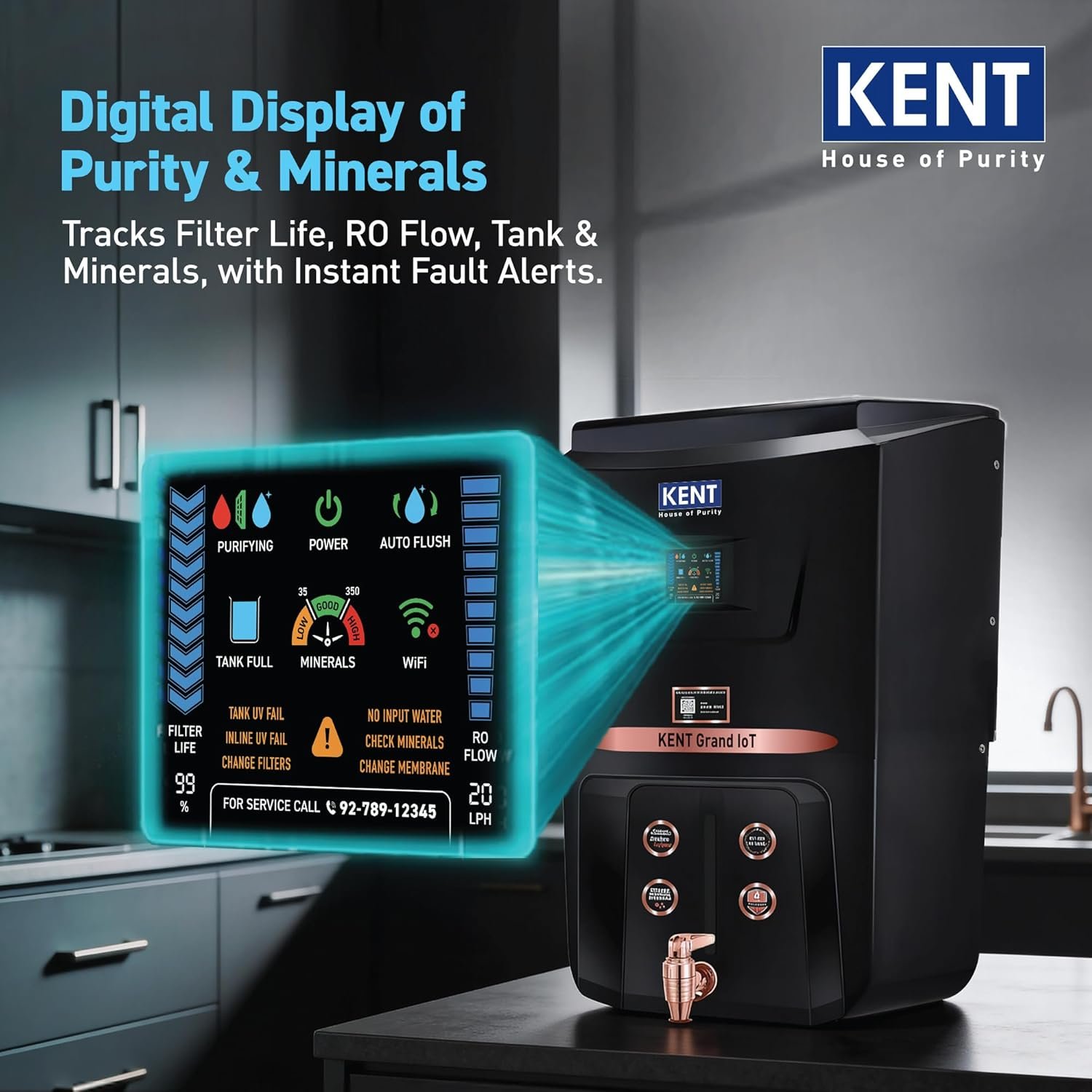 KENT Grand IoT RO Water Purifier| 4 Years Free Service*| RO+UV+UF+Alk+Cu+TDS Control+UV in Tank | IoT Enabled | Fully Automatic On&OFF Operation |8L|20 LP/Hr|Ideal For Borewell/Tanker/Municipal Water - Image 4
