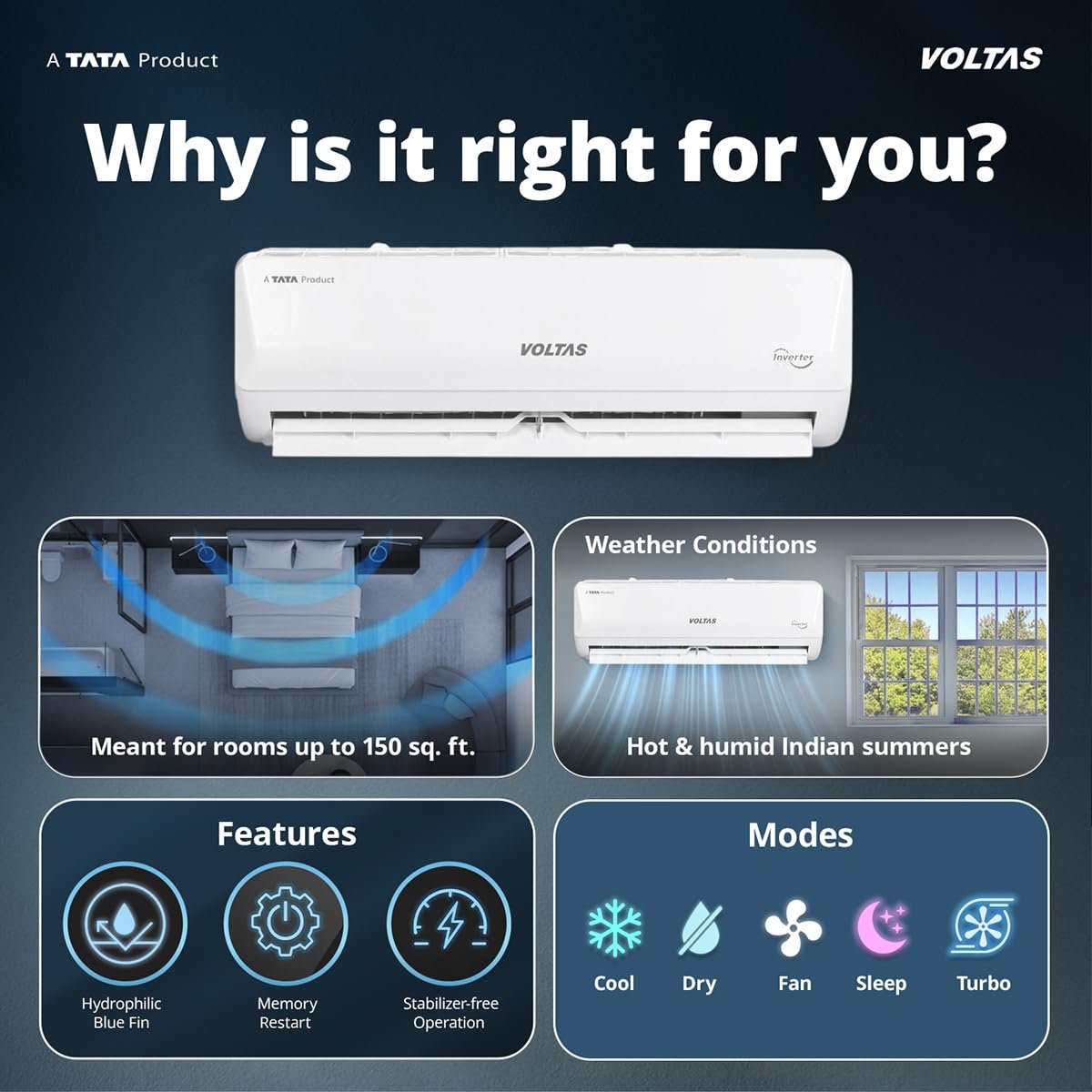 Voltas 1 ton 3 Star,New star rated, Inverter Split AC (Copper, Convertible 5-in-1 Cooling Mode, 2-Way Air Swing, Anti-dust Filter with Anti Microbial Coating, Auto Clean (123INV CAM, White) - Image 3