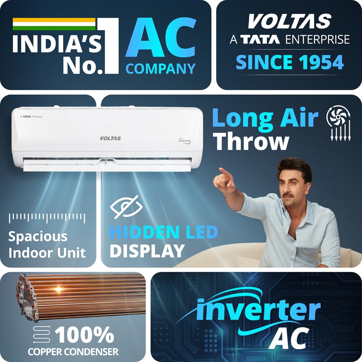 Voltas 1 ton 3 Star,New star rated, Inverter Split AC (Copper, Convertible 5-in-1 Cooling Mode, 2-Way Air Swing, Anti-dust Filter with Anti Microbial Coating, Auto Clean (123INV CAM, White) - Image 5