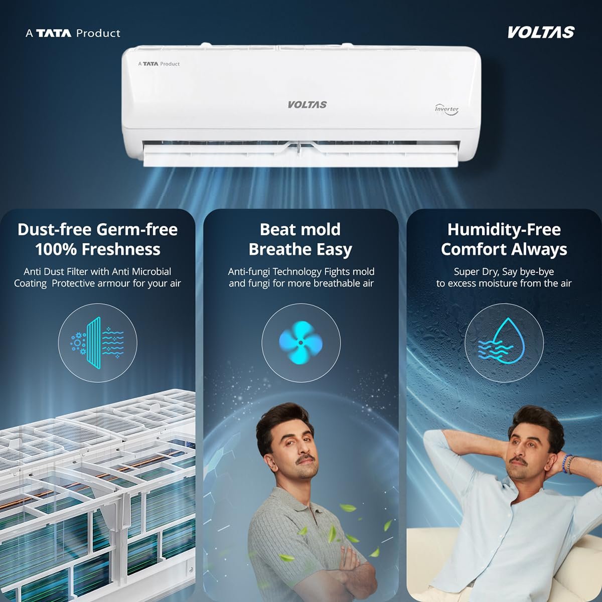 Voltas 1 ton 3 Star,New star rated, Inverter Split AC (Copper, Convertible 5-in-1 Cooling Mode, 2-Way Air Swing, Anti-dust Filter with Anti Microbial Coating, Auto Clean (123INV CAM, White) - Image 9