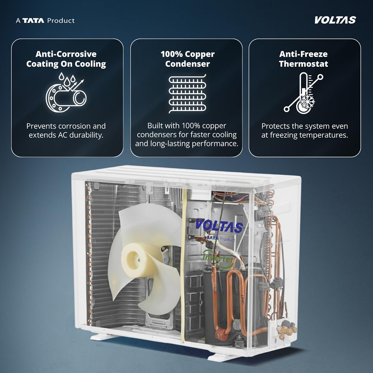 Voltas 1 ton 3 Star,New star rated, Inverter Split AC (Copper, Convertible 5-in-1 Cooling Mode, 2-Way Air Swing, Anti-dust Filter with Anti Microbial Coating, Auto Clean (123INV CAM, White) - Image 13