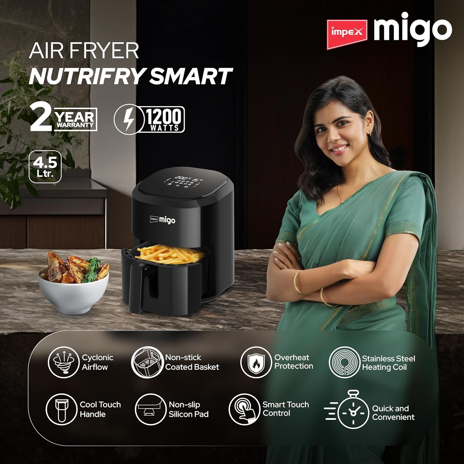 Impex Digital Air Fryer 10 in 1 | 1200 W Oil-free Cooking | 4.5 L Instant Electric Air Fryer for Home Auto Cut Off, Fry, Grill, Roast, Steam, and Bake | 2 Years Warranty - Image 2