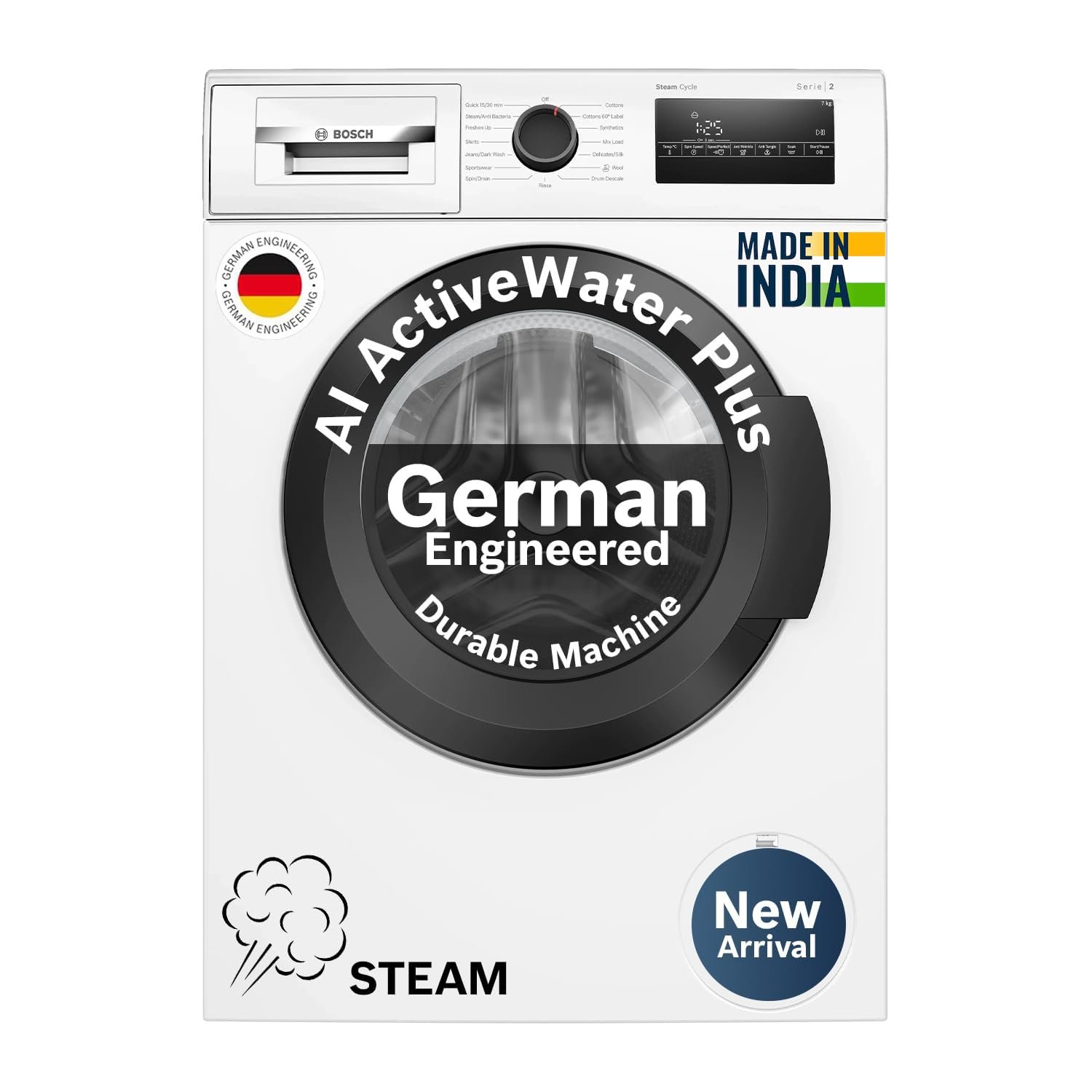 Bosch 7 kg 5 Star Front Load Fully-Automatic Washing Machine, Steam Antibacterial Tech, AI ActiveWater, 15 Wash Programs, 53L Large Drum, SoftCare Paddle, White, WAJ24263IN (2026 Model)