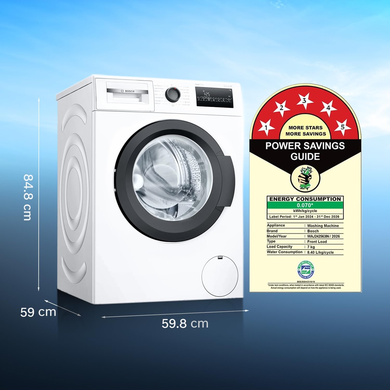 Bosch 7 kg 5 Star Front Load Fully-Automatic Washing Machine, Steam Antibacterial Tech, AI ActiveWater, 15 Wash Programs, 53L Large Drum, SoftCare Paddle, White, WAJ24263IN (2026 Model) - Image 3