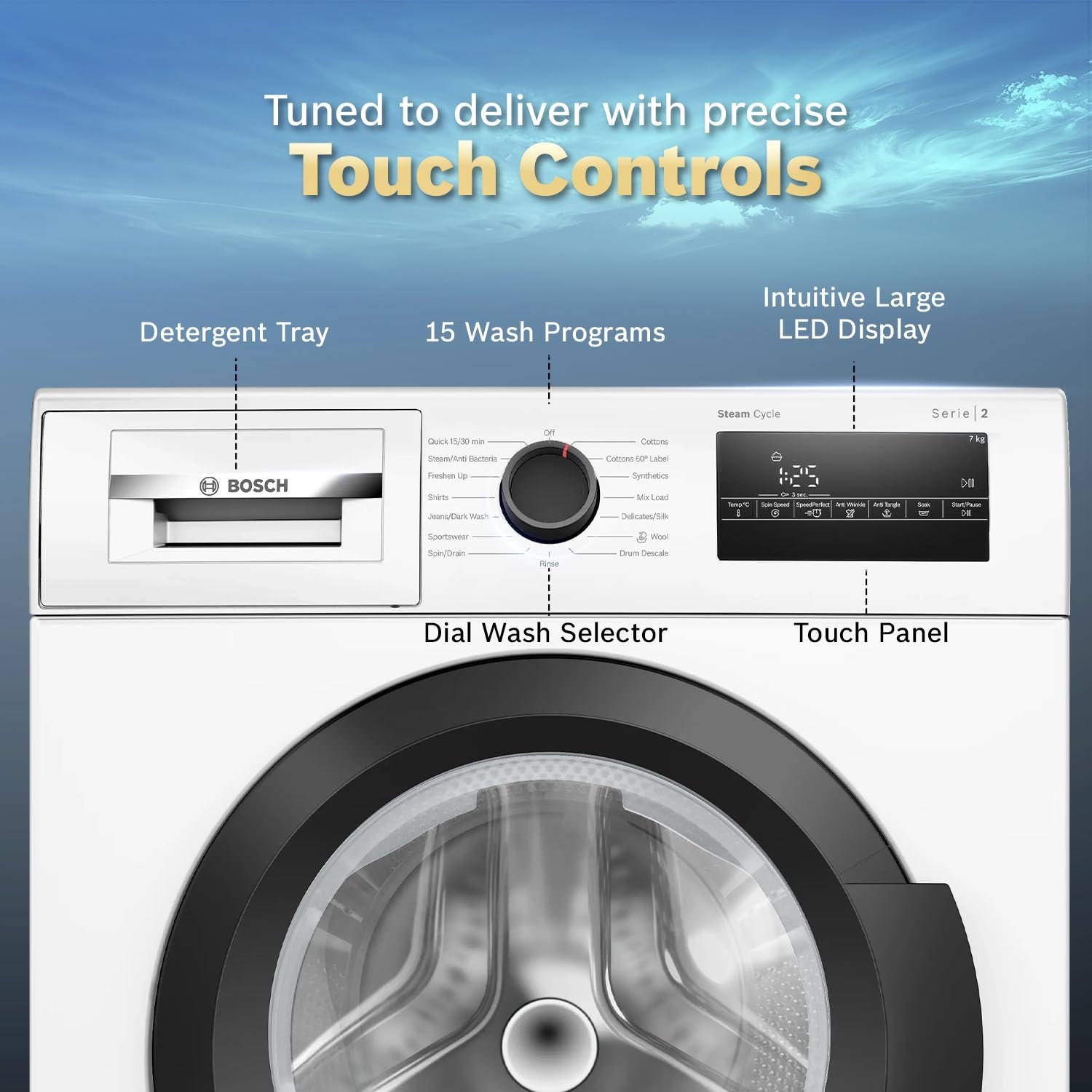 Bosch 7 kg 5 Star Front Load Fully-Automatic Washing Machine, Steam Antibacterial Tech, AI ActiveWater, 15 Wash Programs, 53L Large Drum, SoftCare Paddle, White, WAJ24263IN (2026 Model) - Image 7