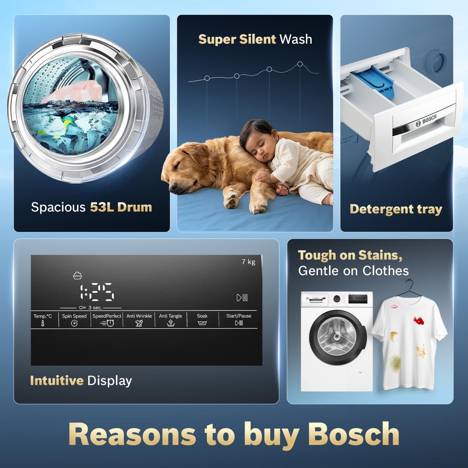 Bosch 7 kg 5 Star Front Load Fully-Automatic Washing Machine, Steam Antibacterial Tech, AI ActiveWater, 15 Wash Programs, 53L Large Drum, SoftCare Paddle, White, WAJ24263IN (2026 Model) - Image 9