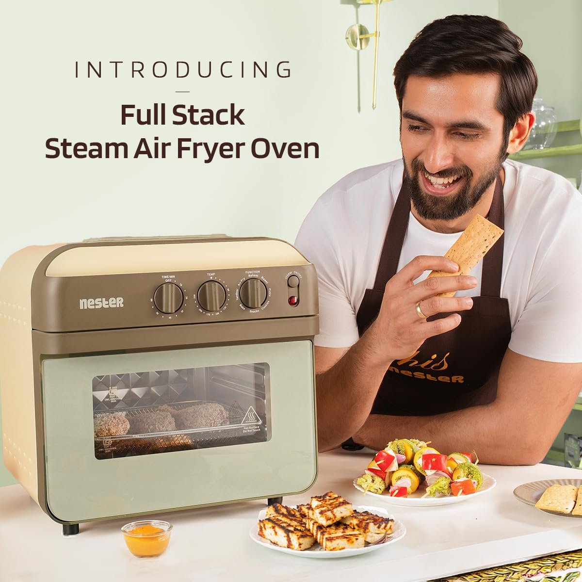 NESTER Full Stack Steamlock™ SS430 Stainless Steel Air Fryer Oven 16L | 2000 W Steam + Air Fry | Multi-Function-Air Fryer, Reheat, Bake, Toast | Adjustable Temperature & Timer - Dalgona Brown - Image 2