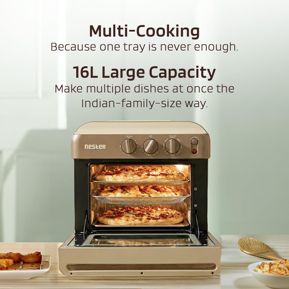 NESTER Full Stack Steamlock™ SS430 Stainless Steel Air Fryer Oven 16L | 2000 W Steam + Air Fry | Multi-Function-Air Fryer, Reheat, Bake, Toast | Adjustable Temperature & Timer - Dalgona Brown - Image 5