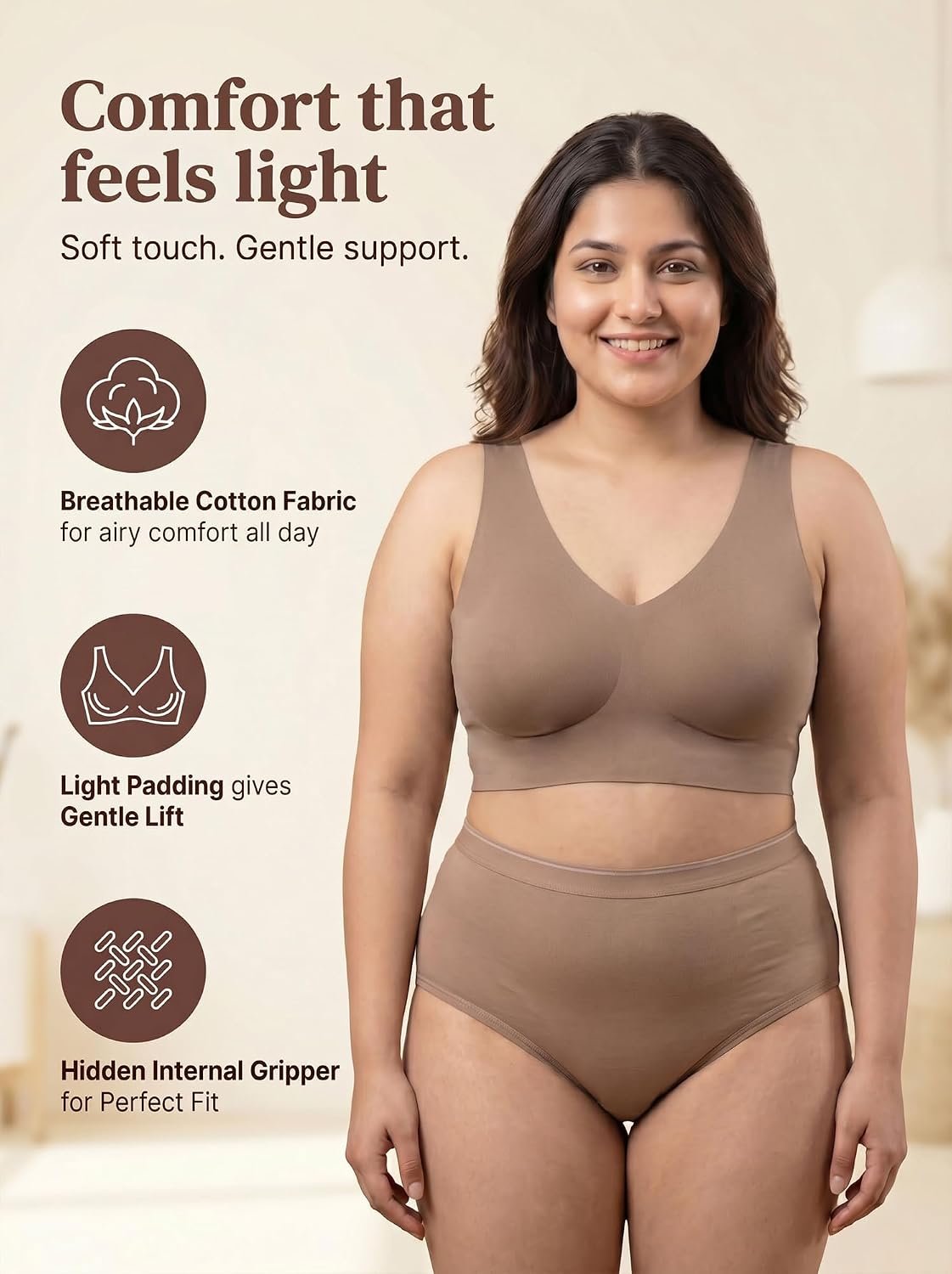 Tweens Cotton Bra Panty Set for Women | Padded Full Coverage Plus-Size Bonded Bra | Broad Straps | Mid Waist Hipster Panty | No Elastic Marks | Soft Seamless Comfortable Innerwear Set - Image 2