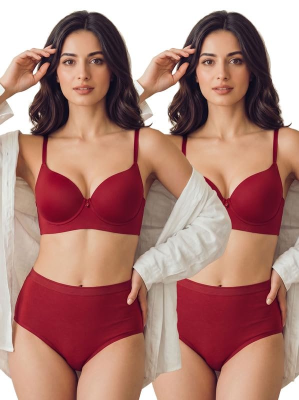 Tweens Cotton Bra Panty Set for Women | Push Up Bonded Bra | Level-3 Padding | 3/4th Coverage | Mid Waist Hipster Panty | No Elastic Marks | Soft Seamless Comfortable Innerwear Set