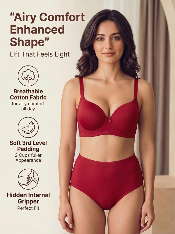 Tweens Cotton Bra Panty Set for Women | Push Up Bonded Bra | Level-3 Padding | 3/4th Coverage | Mid Waist Hipster Panty | No Elastic Marks | Soft Seamless Comfortable Innerwear Set - Image 2
