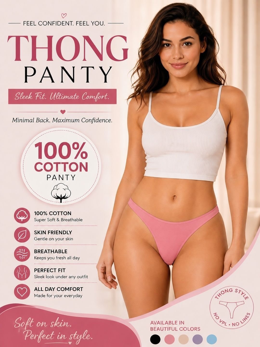 Think Tech Women Pack of 3 Assorted Cotton Thongs - Image 4