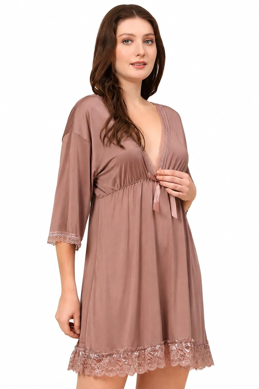 Women Satin Short Nighty Dress | Deep V Neck Lace Trimmed Babydoll Lingerie | Silk Nightwear for Honeymoon First Night & Bridal Wear | Dusty Rose - Image 3