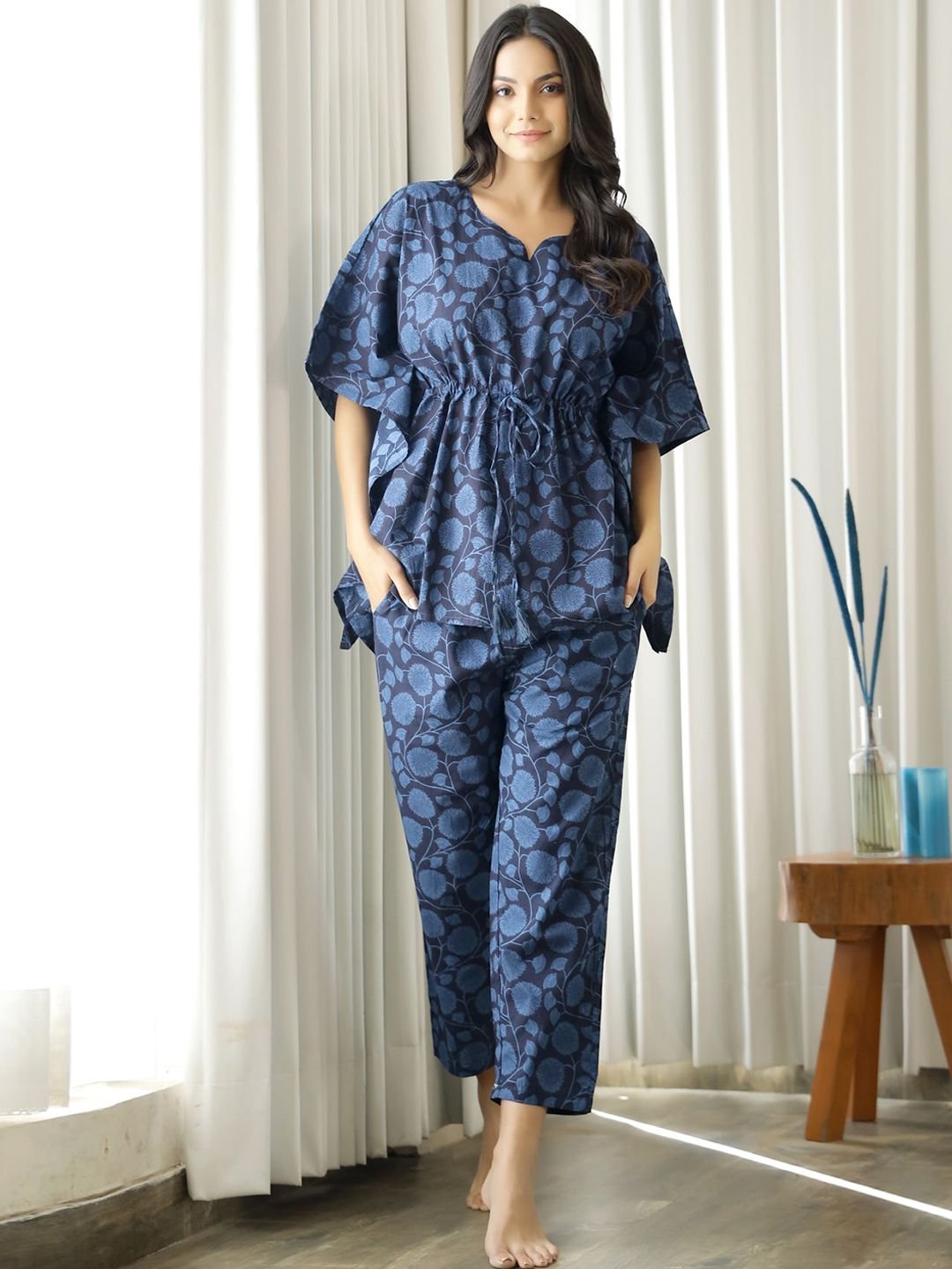 SANSKRUTIHOMES SANSKRUTIHOMES Women Navy Blue Printed Pure Cotton Night suit
