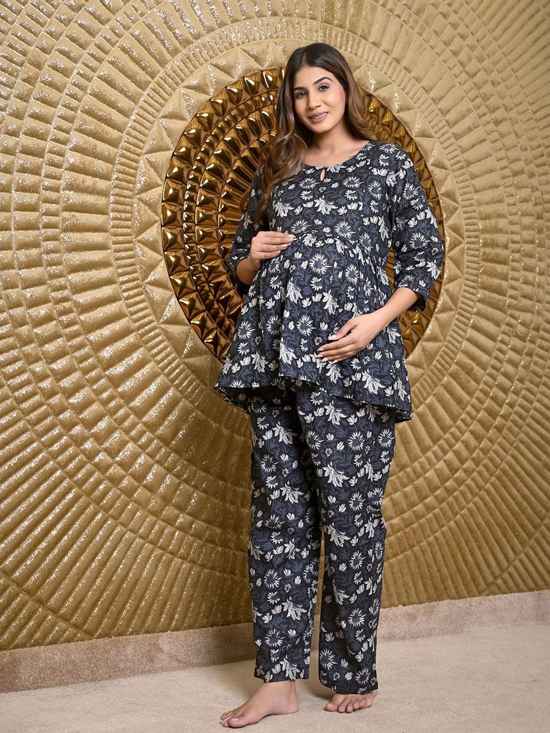 Women Floral Printed Pure Cotton Kurti & Pyjamas Maternity Night suit - Image 4
