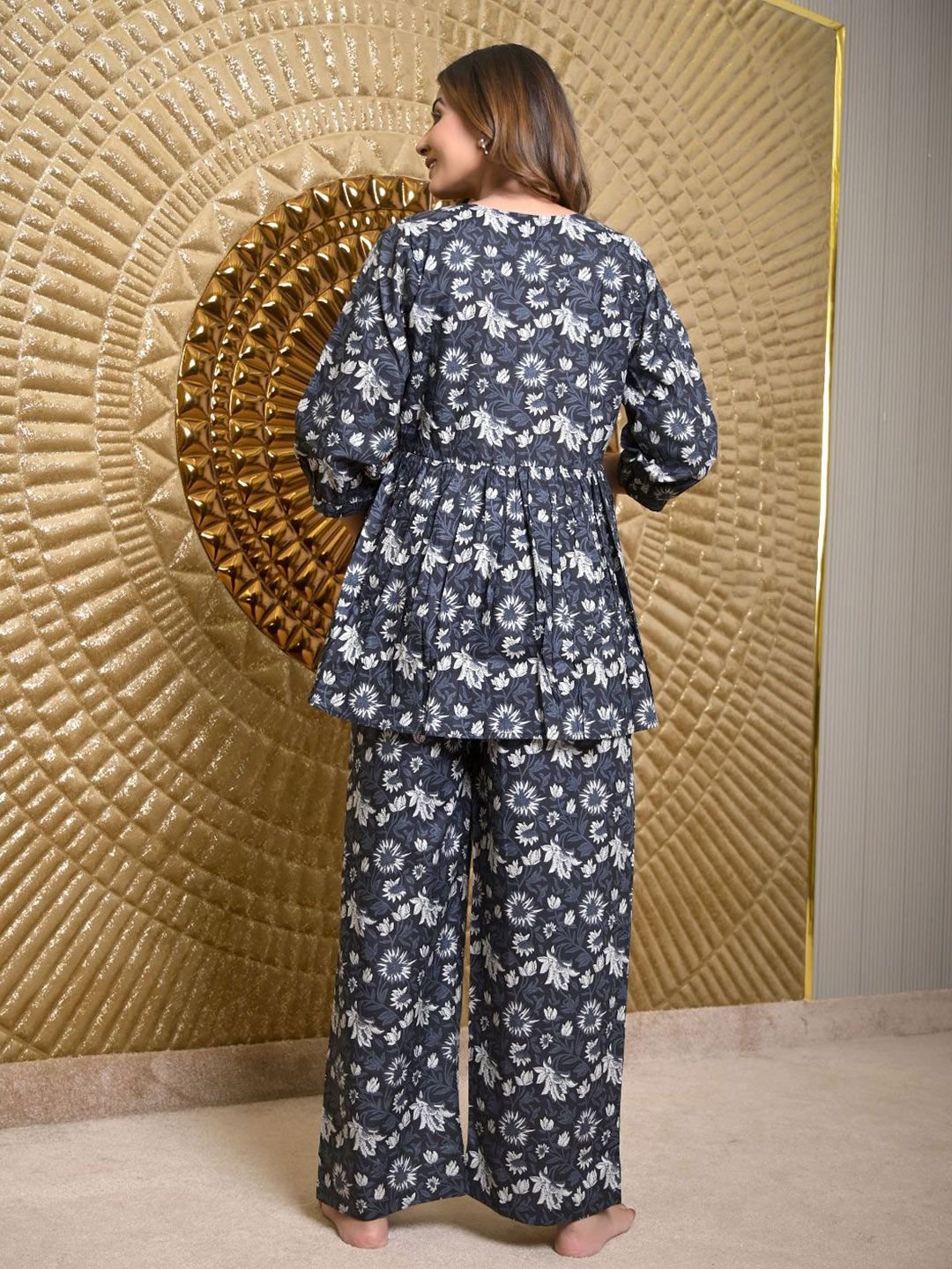 Women Floral Printed Pure Cotton Kurti & Pyjamas Maternity Night suit - Image 5