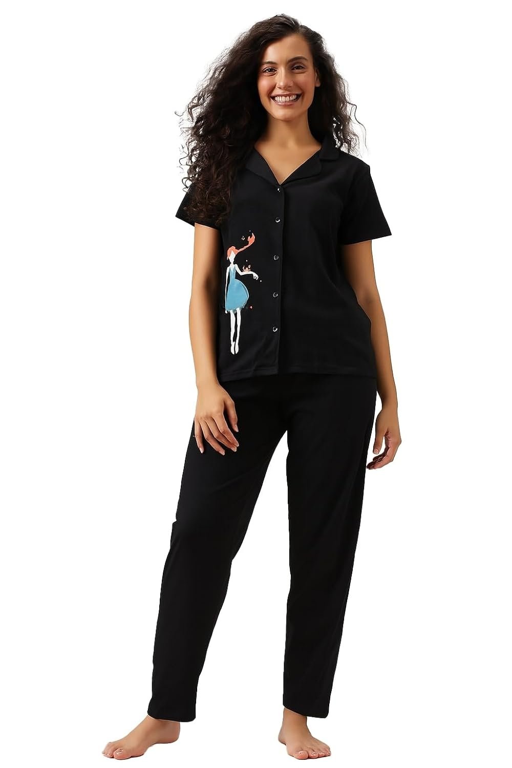 Clovia Women's Cotton Printed Button Down Shirt & Pyjama Night Suit Set