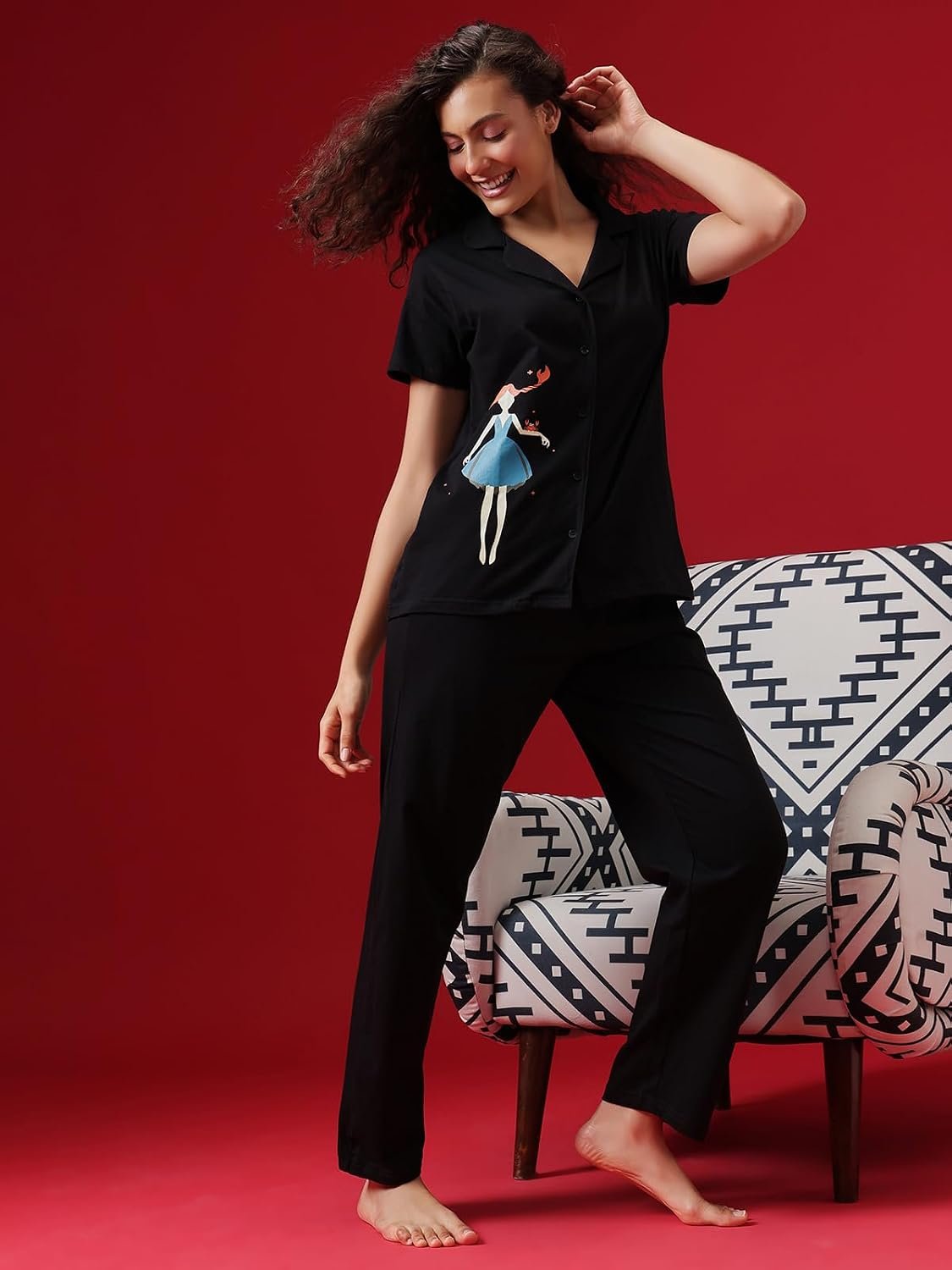 Clovia Women's Cotton Printed Button Down Shirt & Pyjama Night Suit Set - Image 3
