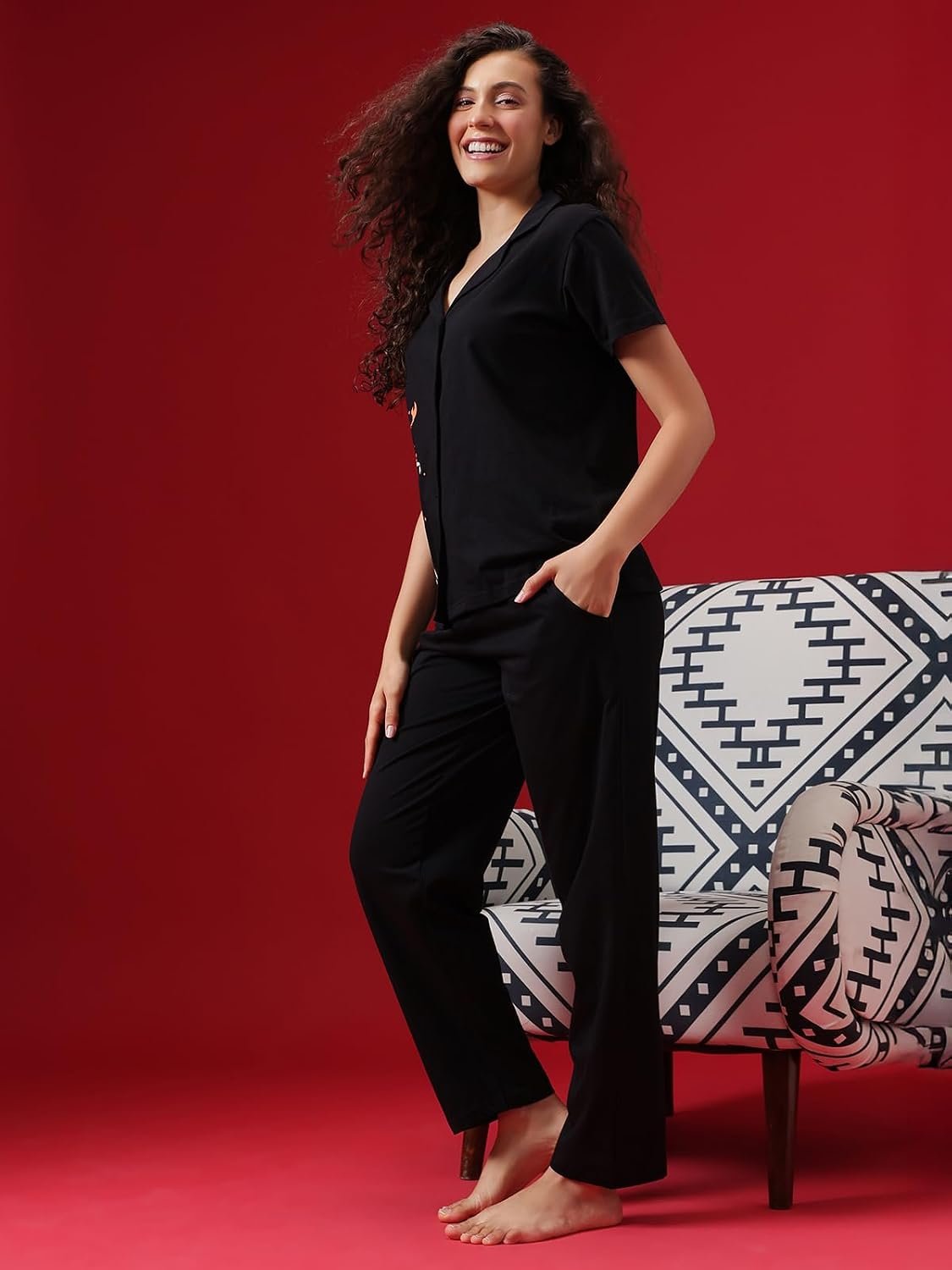 Clovia Women's Cotton Printed Button Down Shirt & Pyjama Night Suit Set - Image 4