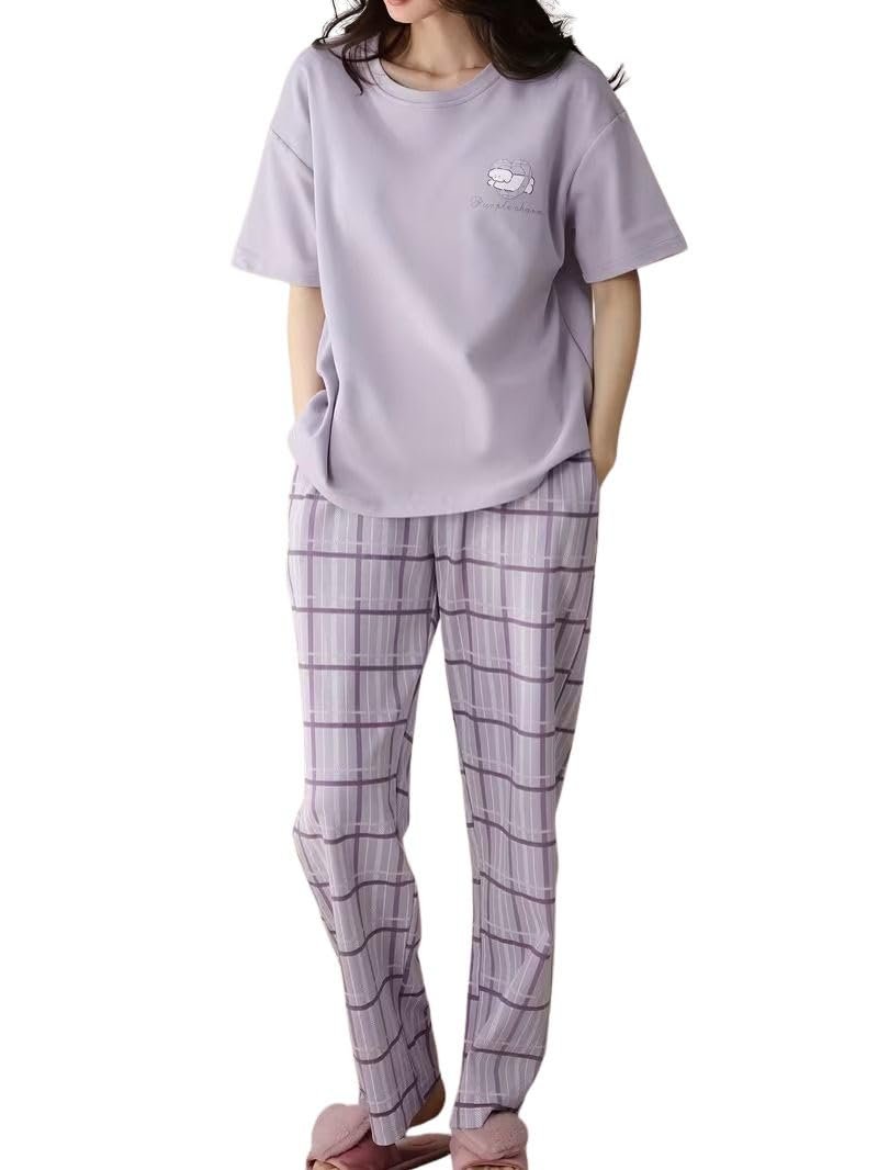 SHIENZY Women Korean Style Night Suit | Round Neck Short Sleeve Cute Printed Cotton Pajama Set for Girls & Women | Soft Nightwear, Loungewear, Sleepwear for Women | Full Pyjama Set | Co-ord Set