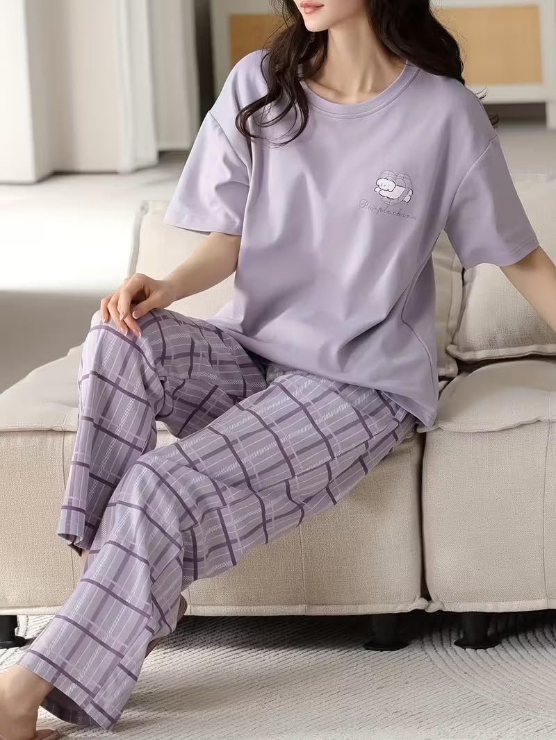 SHIENZY Women Korean Style Night Suit | Round Neck Short Sleeve Cute Printed Cotton Pajama Set for Girls & Women | Soft Nightwear, Loungewear, Sleepwear for Women | Full Pyjama Set | Co-ord Set - Image 2