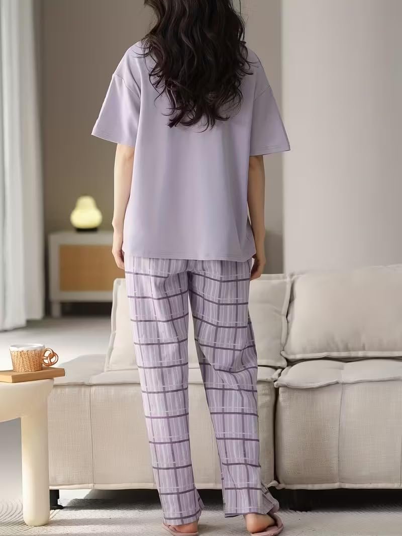 SHIENZY Women Korean Style Night Suit | Round Neck Short Sleeve Cute Printed Cotton Pajama Set for Girls & Women | Soft Nightwear, Loungewear, Sleepwear for Women | Full Pyjama Set | Co-ord Set - Image 3