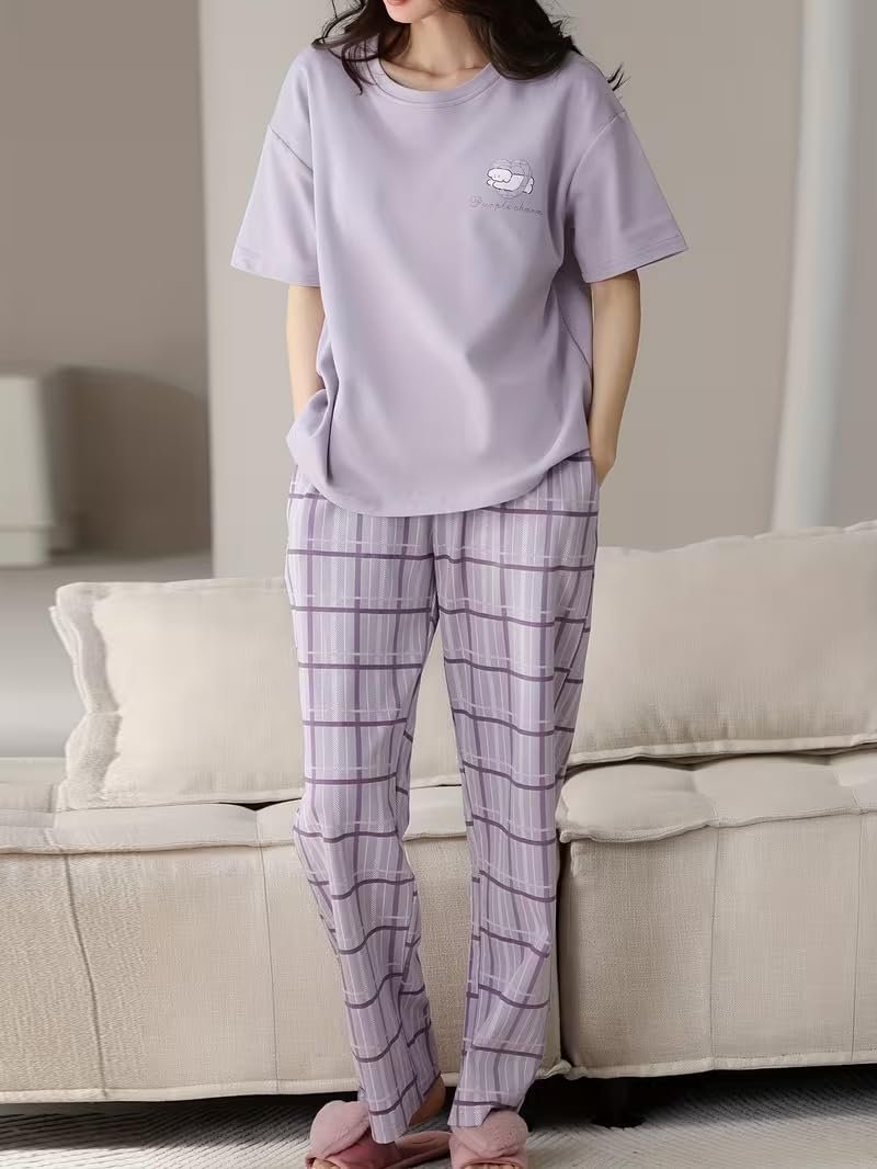 SHIENZY Women Korean Style Night Suit | Round Neck Short Sleeve Cute Printed Cotton Pajama Set for Girls & Women | Soft Nightwear, Loungewear, Sleepwear for Women | Full Pyjama Set | Co-ord Set - Image 6